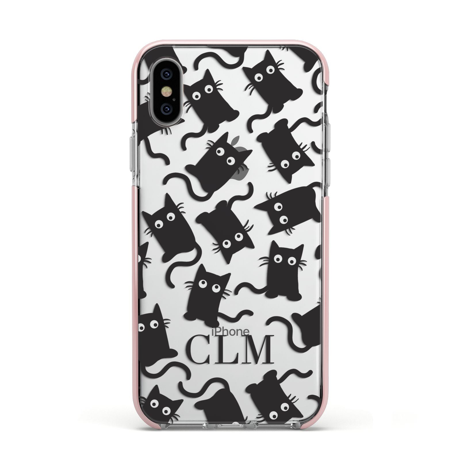 Personalised Cat Initials Clear Apple iPhone Xs Impact Case Pink Edge on Silver Phone