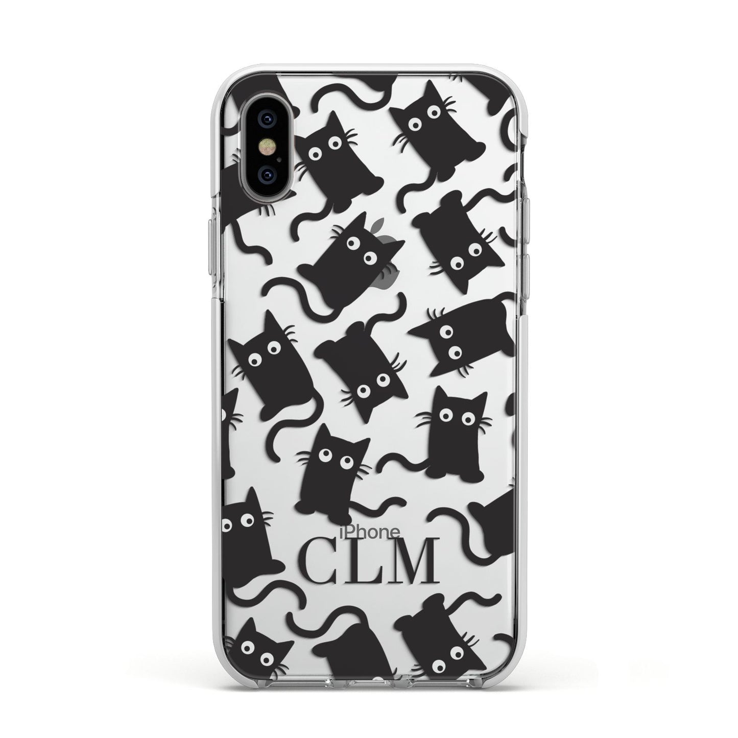 Personalised Cat Initials Clear Apple iPhone Xs Impact Case White Edge on Silver Phone