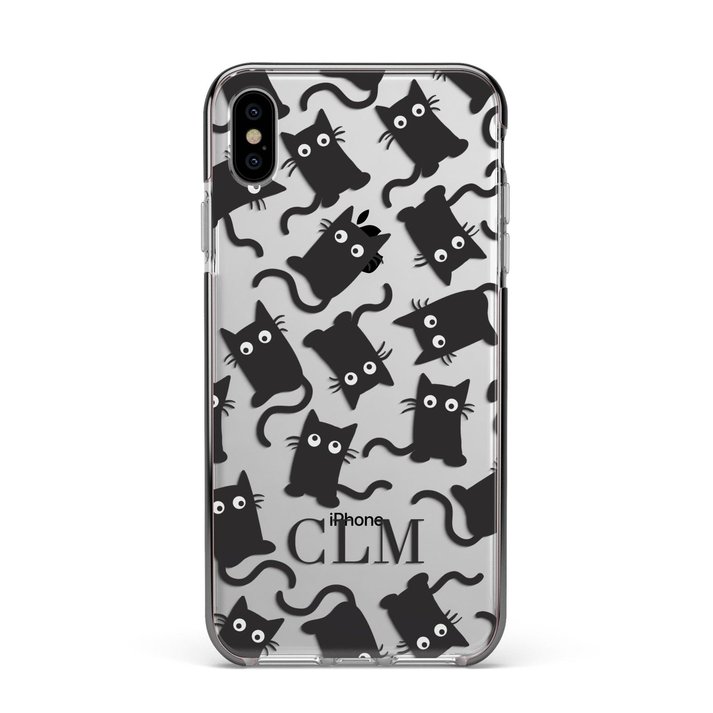 Personalised Cat Initials Clear Apple iPhone Xs Max Impact Case Black Edge on Silver Phone
