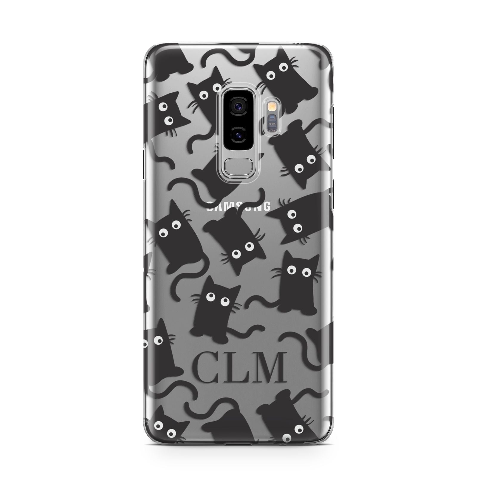 Personalised Cat Initials Clear Samsung Galaxy S9 Plus Case on Silver phone