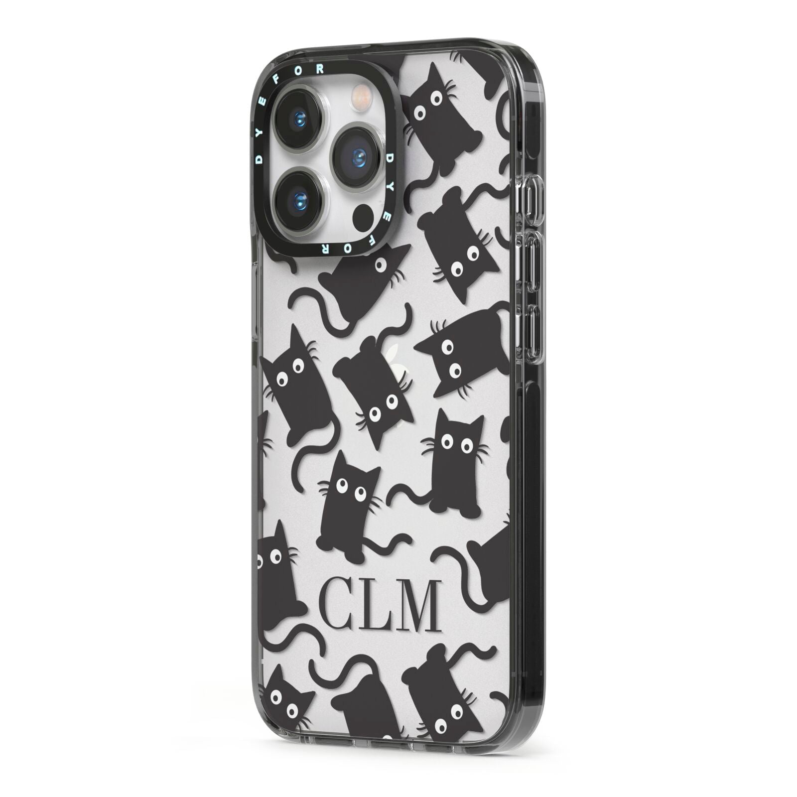 Personalised Cat Initials Clear iPhone 13 Pro Black Impact Case Side Angle on Silver phone