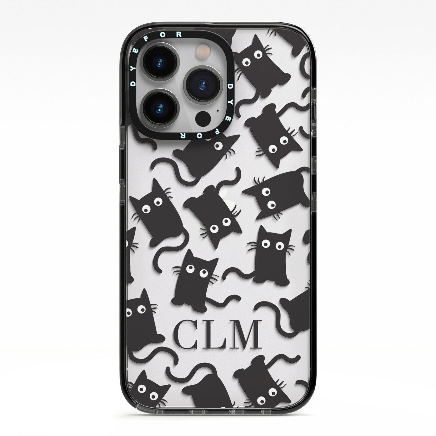 Personalised Cat Initials Clear iPhone 13 Pro Black Impact Case on Silver phone