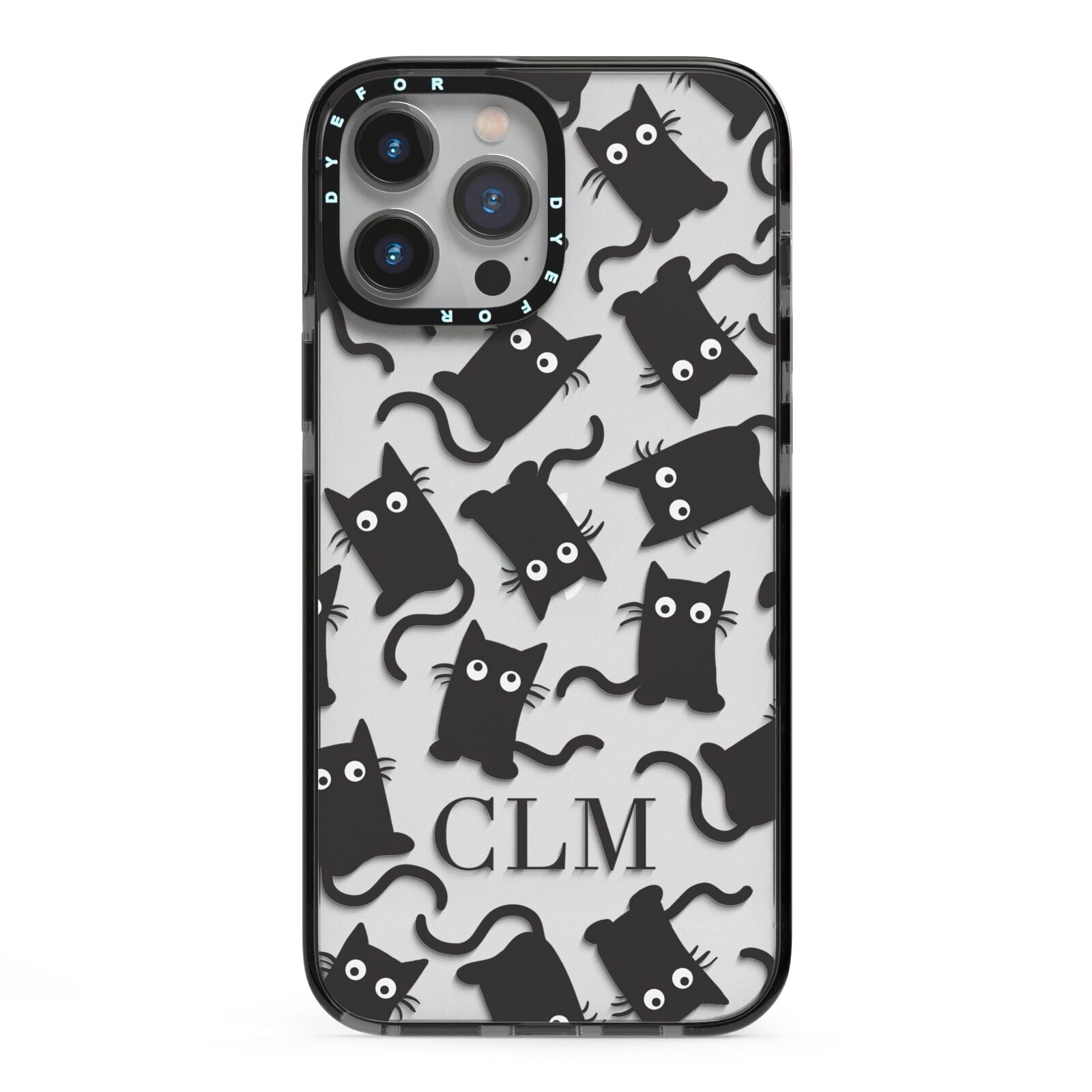 Personalised Cat Initials Clear iPhone 13 Pro Max Black Impact Case on Silver phone