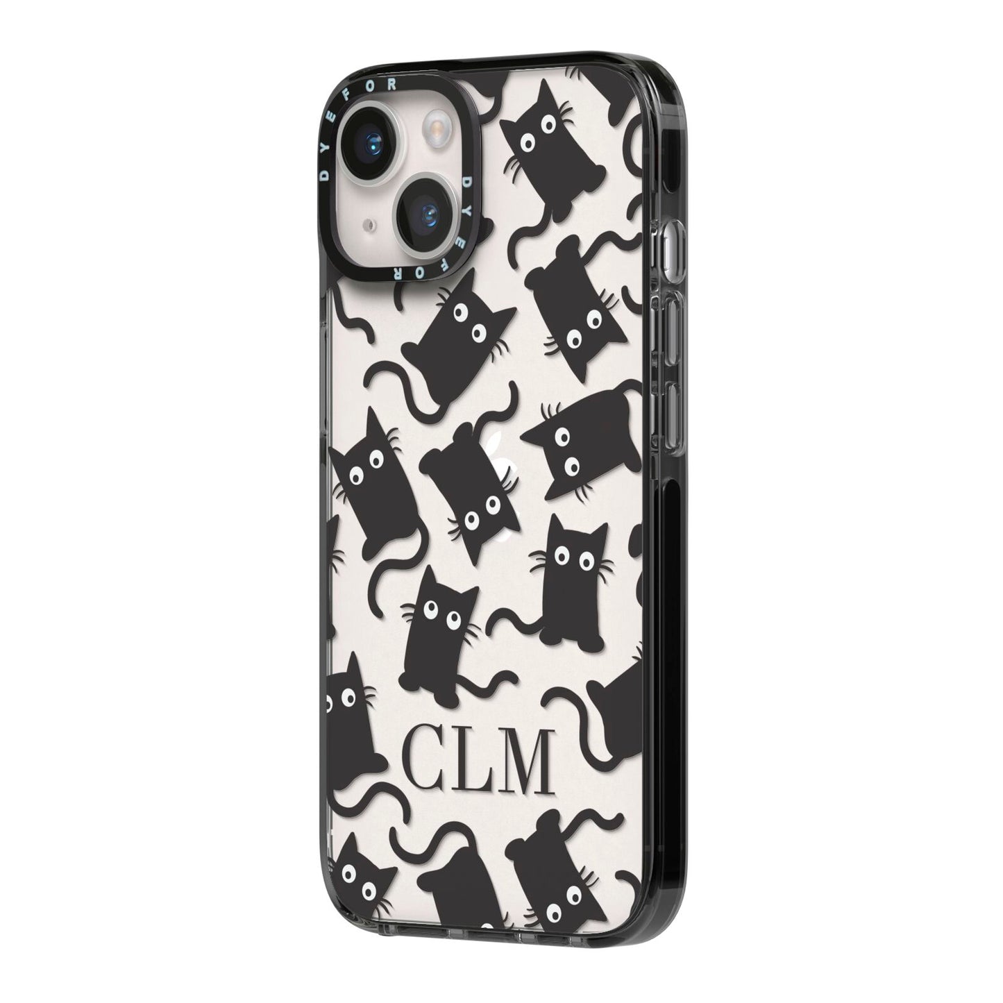 Personalised Cat Initials Clear iPhone 14 Black Impact Case Side Angle on Silver phone