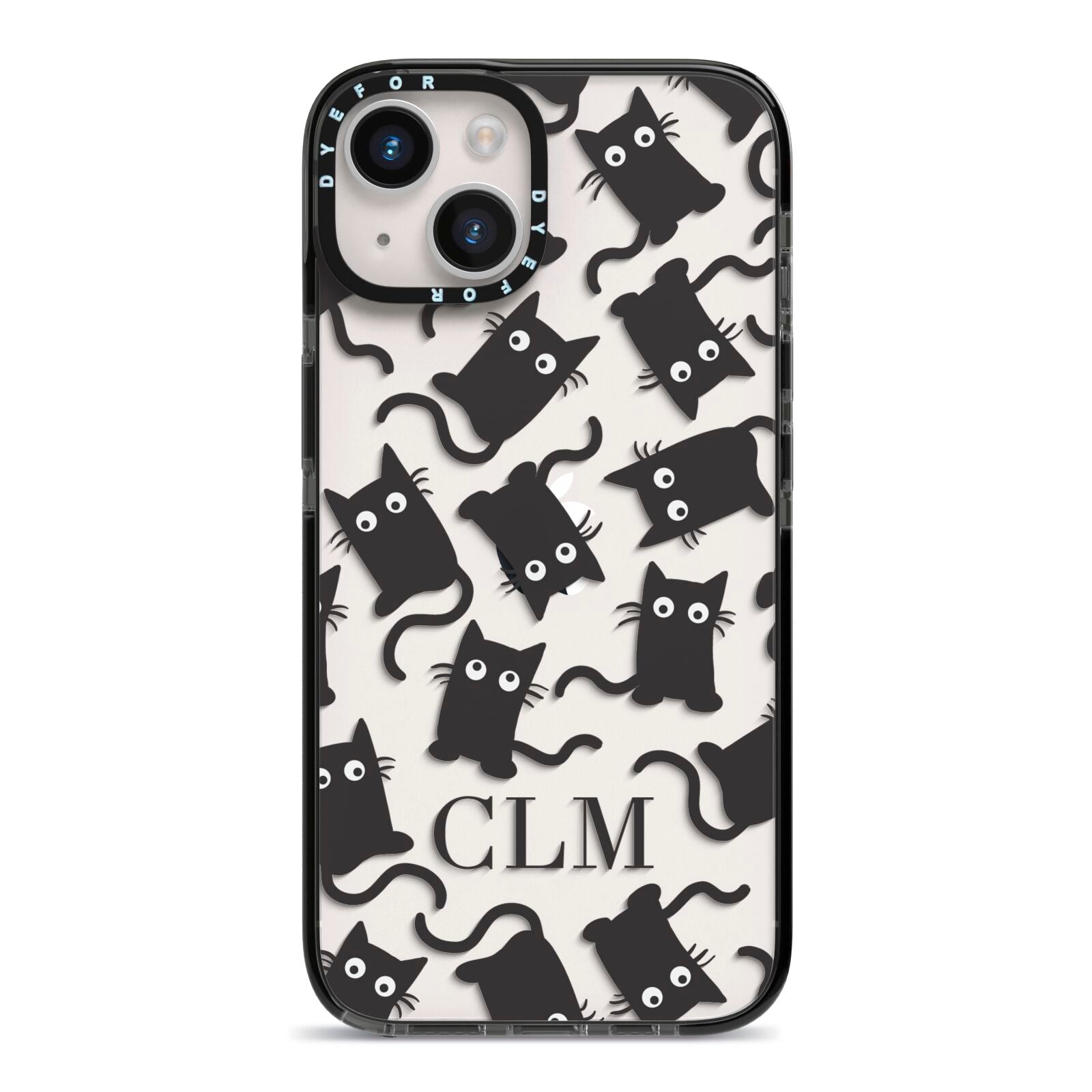 Personalised Cat Initials Clear iPhone 14 Black Impact Case on Silver phone