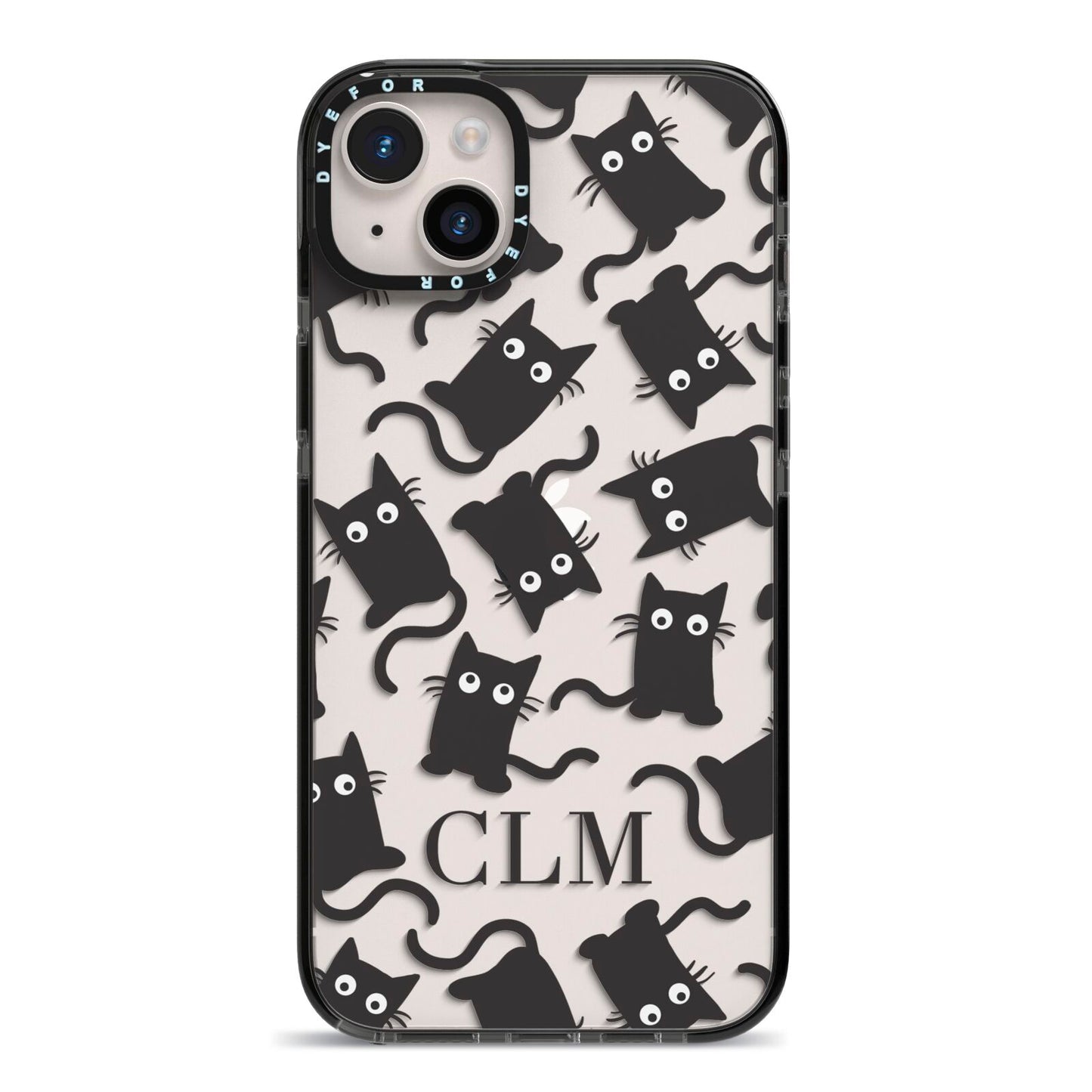 Personalised Cat Initials Clear iPhone 14 Plus Black Impact Case on Silver phone