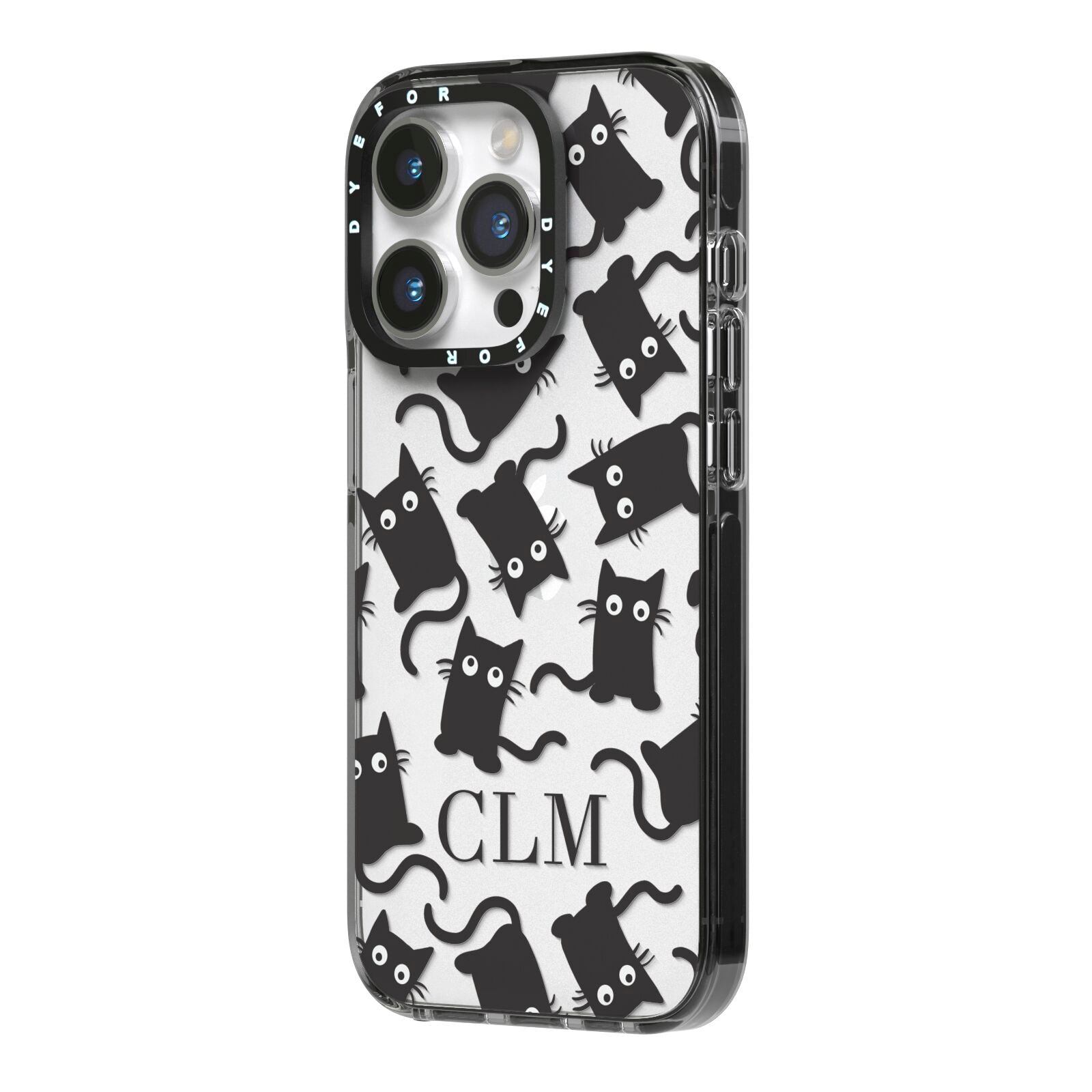 Personalised Cat Initials Clear iPhone 14 Pro Black Impact Case Side Angle on Silver phone
