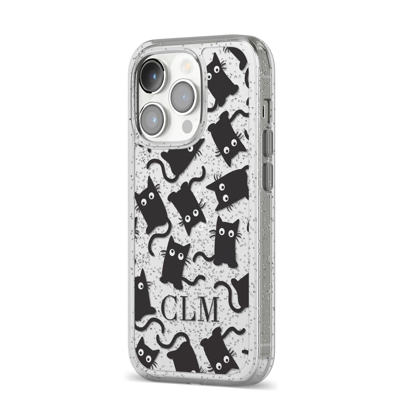 Personalised Cat Initials Clear iPhone 14 Pro Glitter Tough Case Silver Angled Image