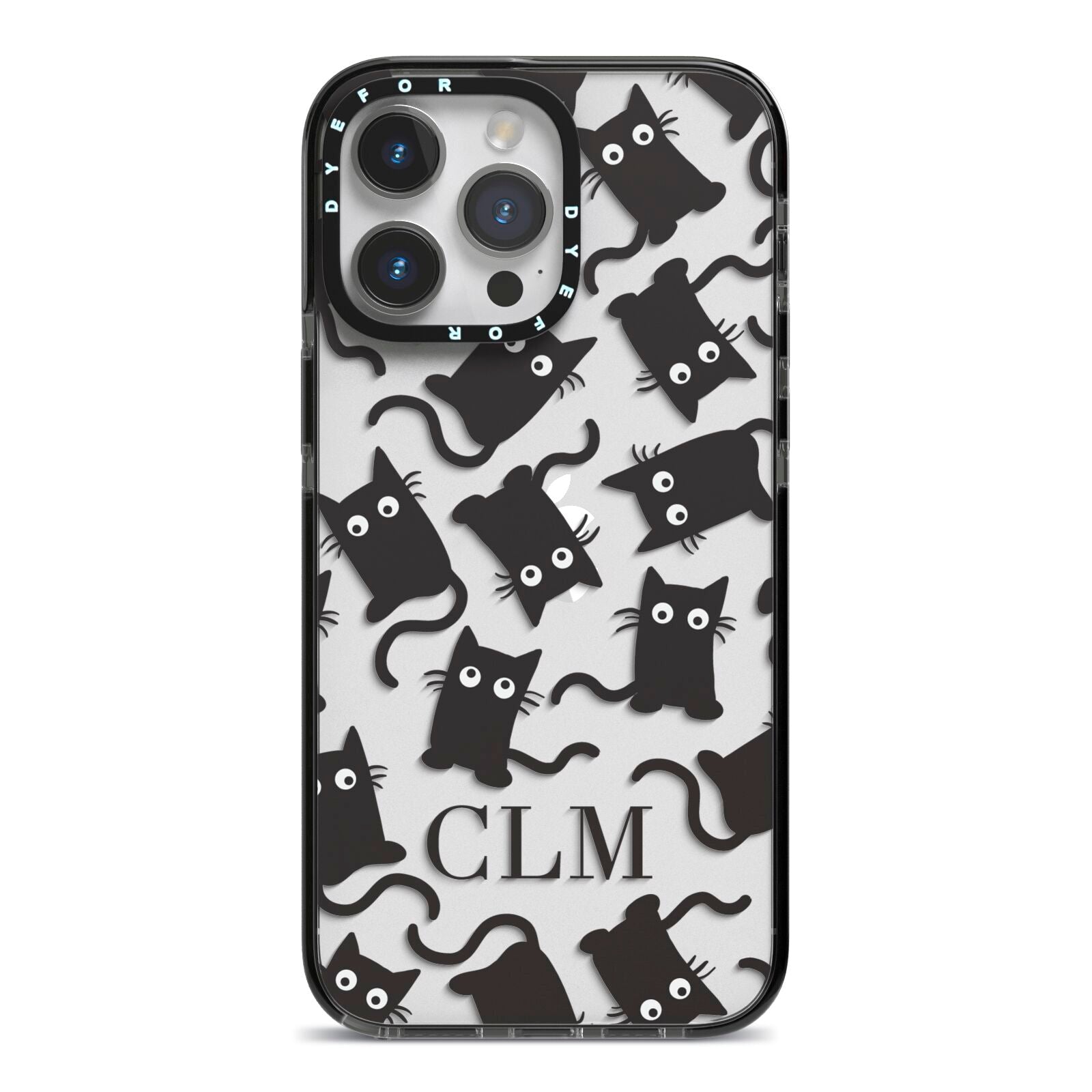 Personalised Cat Initials Clear iPhone 14 Pro Max Black Impact Case on Silver phone