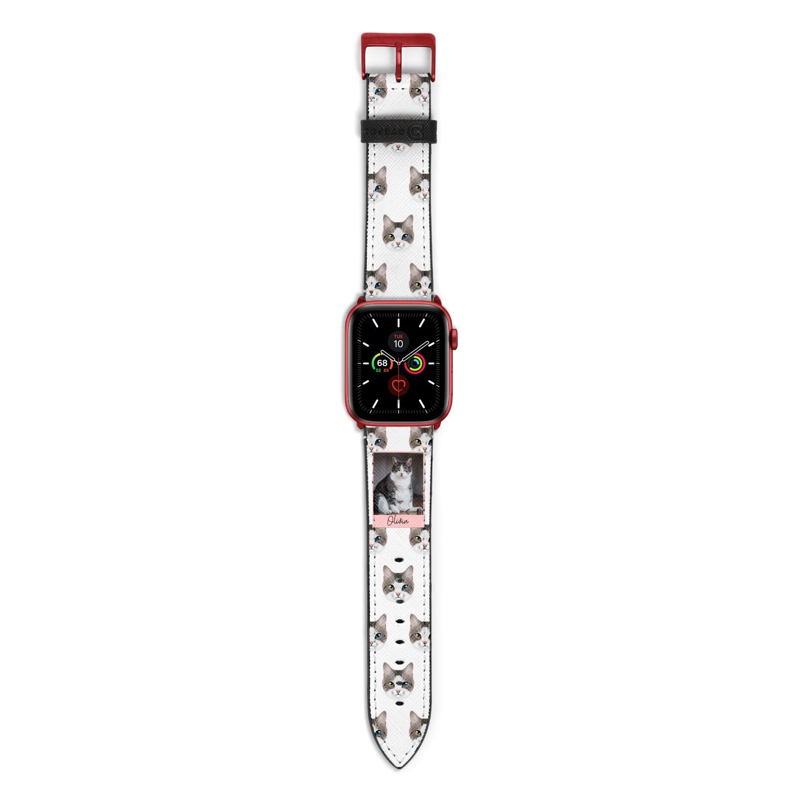 Personalised Cat Photo Apple Watch Strap with Red Hardware