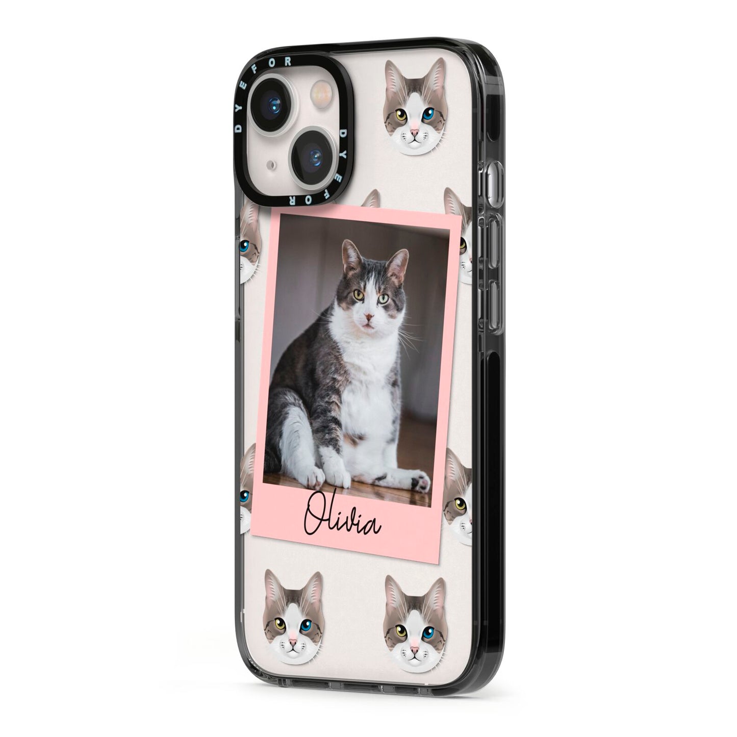 Personalised Cat Photo iPhone 13 Black Impact Case Side Angle on Silver phone