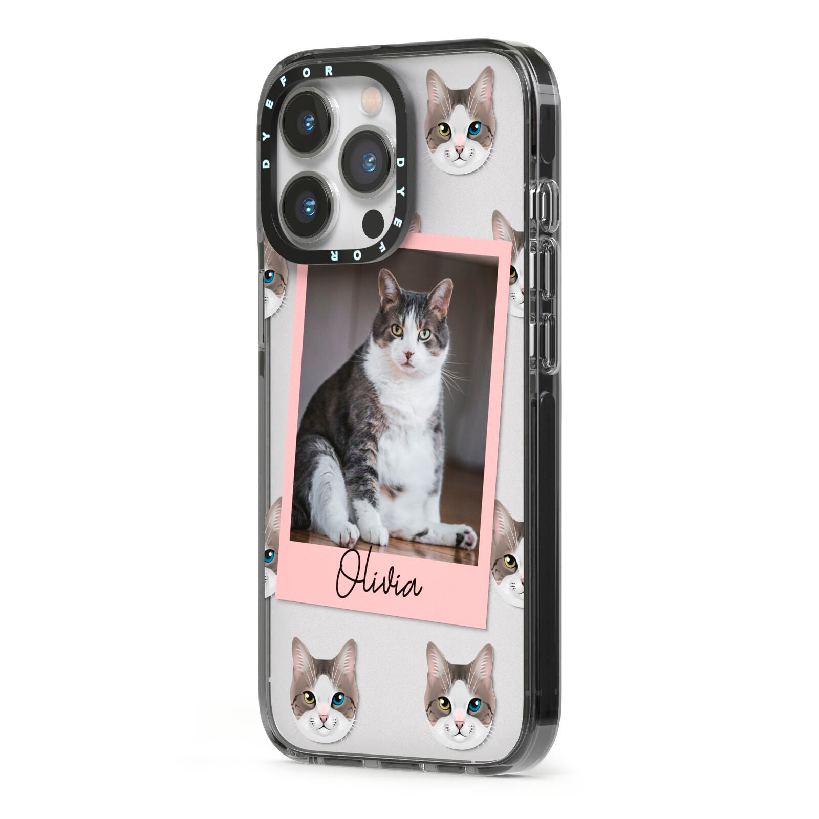 Personalised Cat Photo iPhone 13 Pro Black Impact Case Side Angle on Silver phone