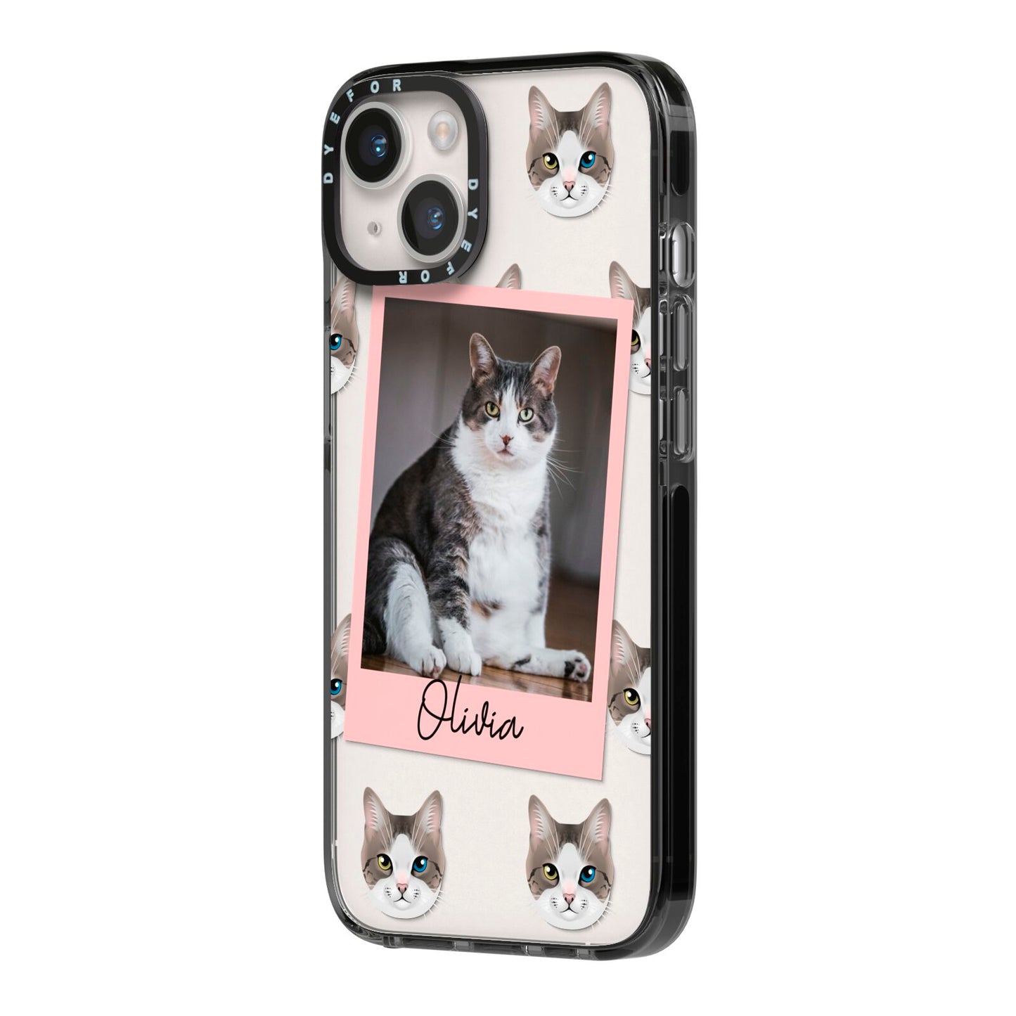 Personalised Cat Photo iPhone 14 Black Impact Case Side Angle on Silver phone