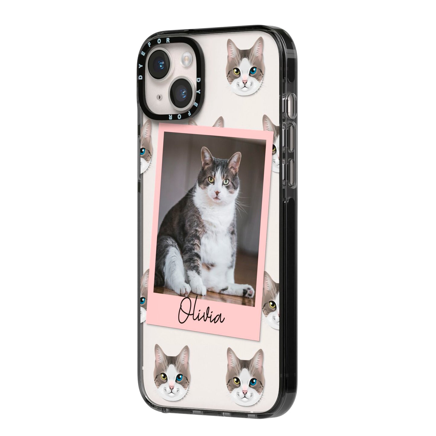 Personalised Cat Photo iPhone 14 Plus Black Impact Case Side Angle on Silver phone