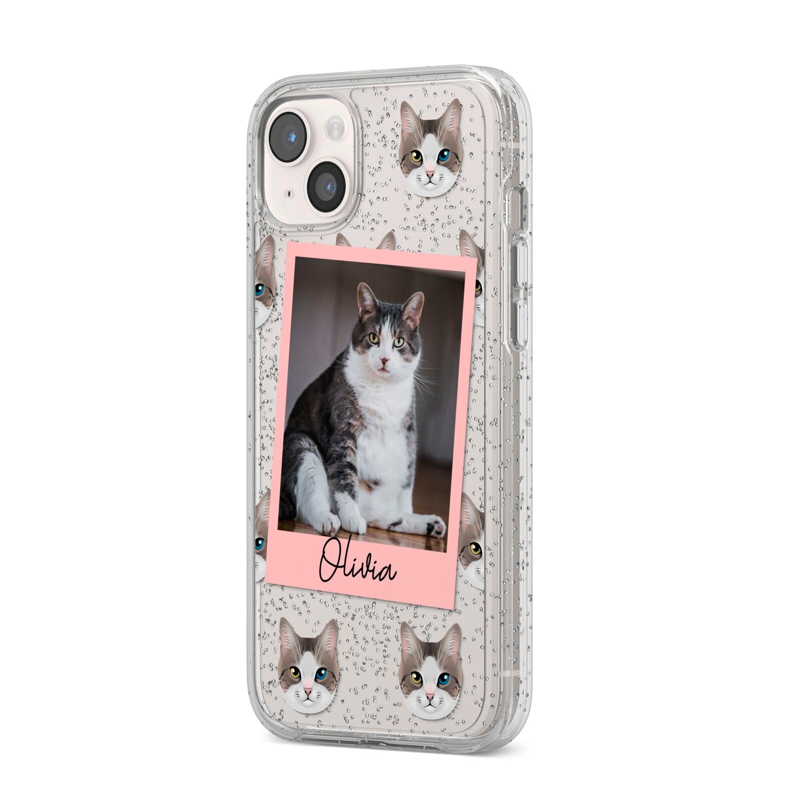 Personalised Cat Photo iPhone 14 Plus Glitter Tough Case Starlight Angled Image