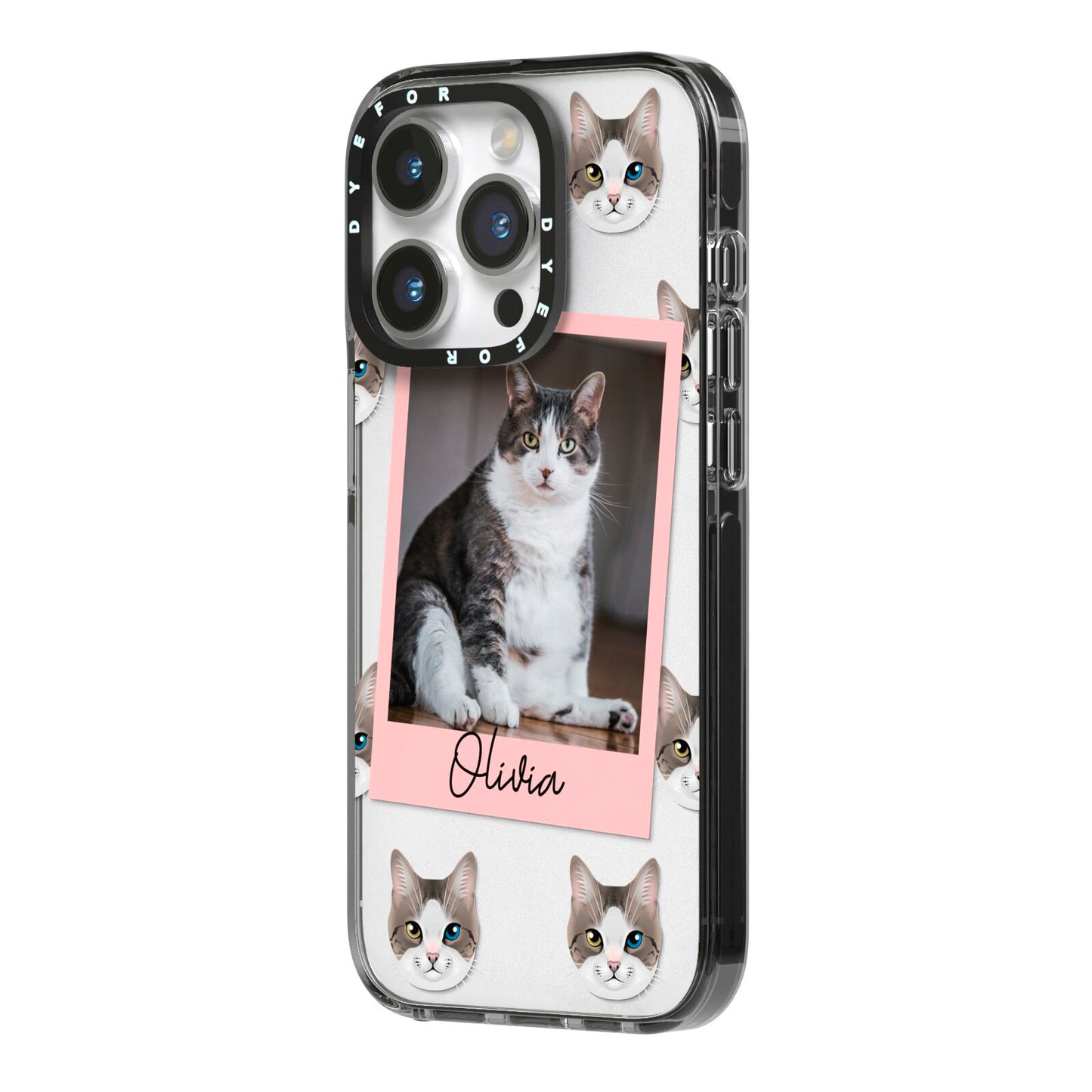 Personalised Cat Photo iPhone 14 Pro Black Impact Case Side Angle on Silver phone