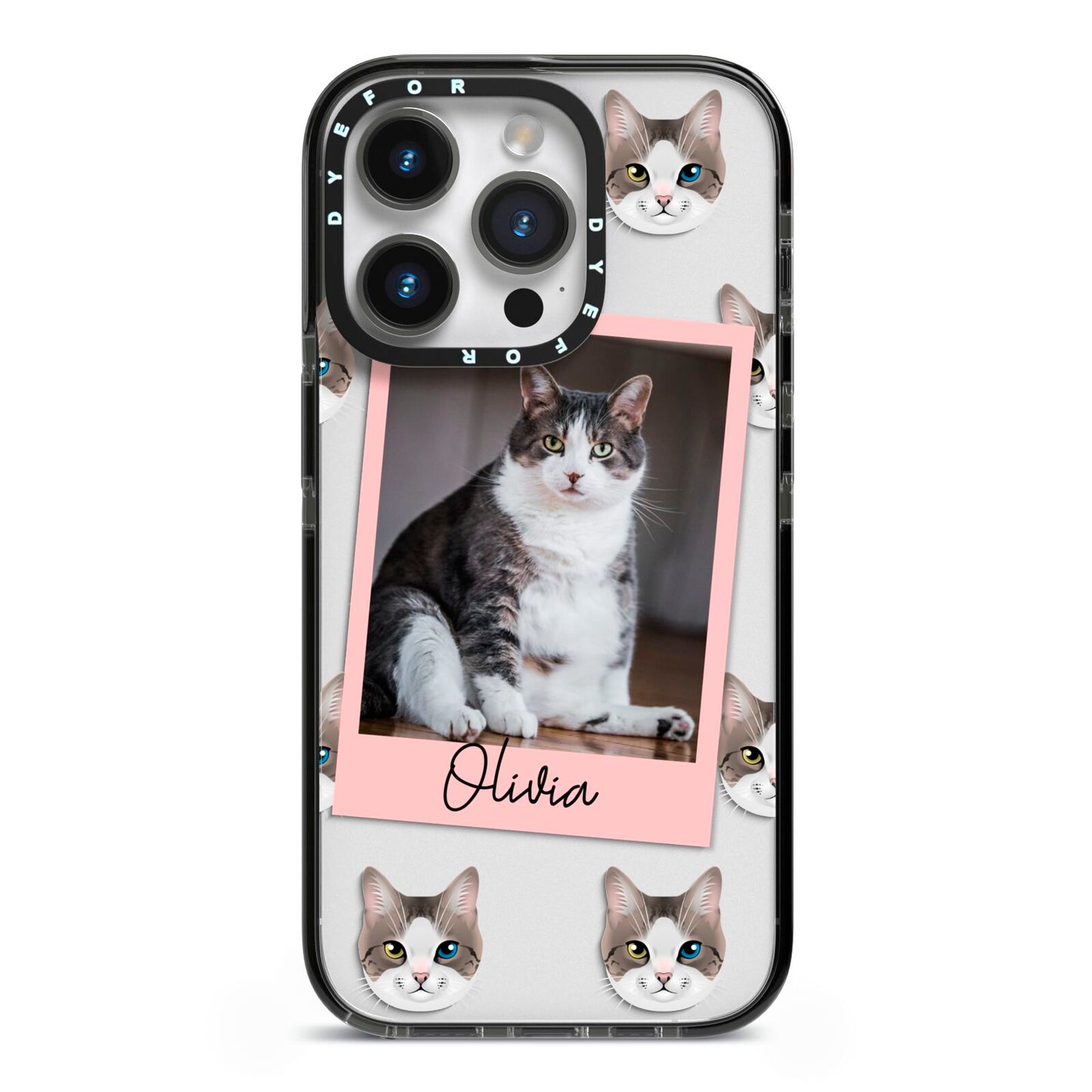 Personalised Cat Photo iPhone 14 Pro Black Impact Case on Silver phone