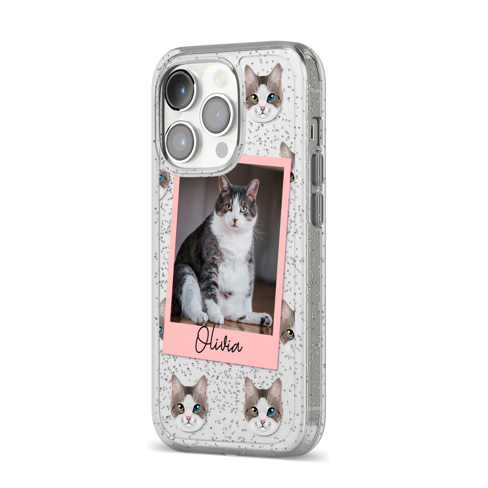 Personalised Cat Photo iPhone 14 Pro Glitter Tough Case Silver Angled Image