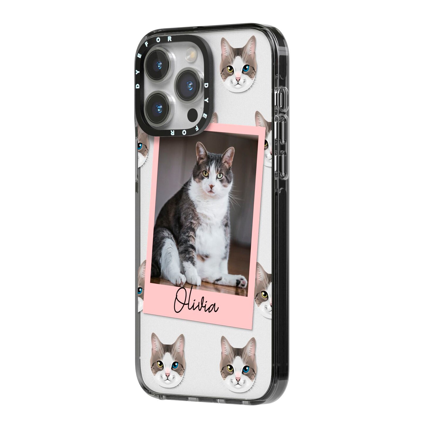Personalised Cat Photo iPhone 14 Pro Max Black Impact Case Side Angle on Silver phone