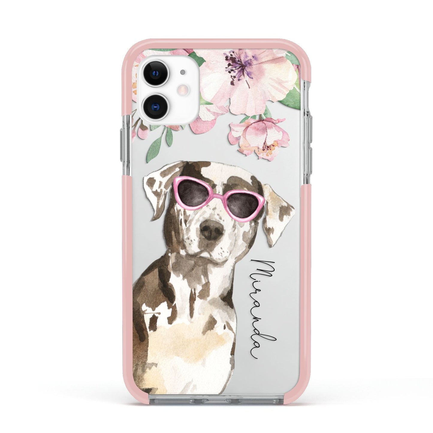 Personalised Catahoula Leopard Dog Apple iPhone 11 in White with Pink Impact Case