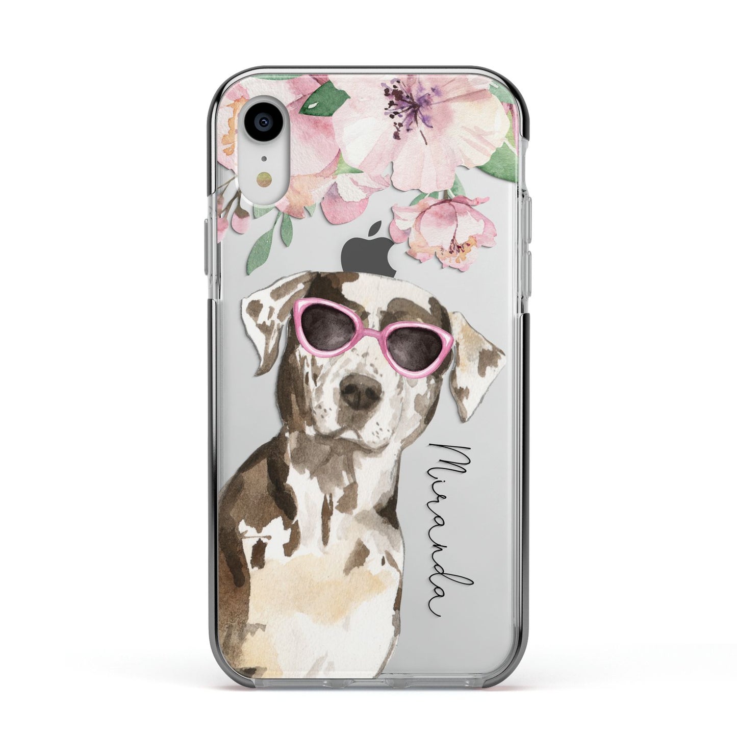Personalised Catahoula Leopard Dog Apple iPhone XR Impact Case Black Edge on Silver Phone