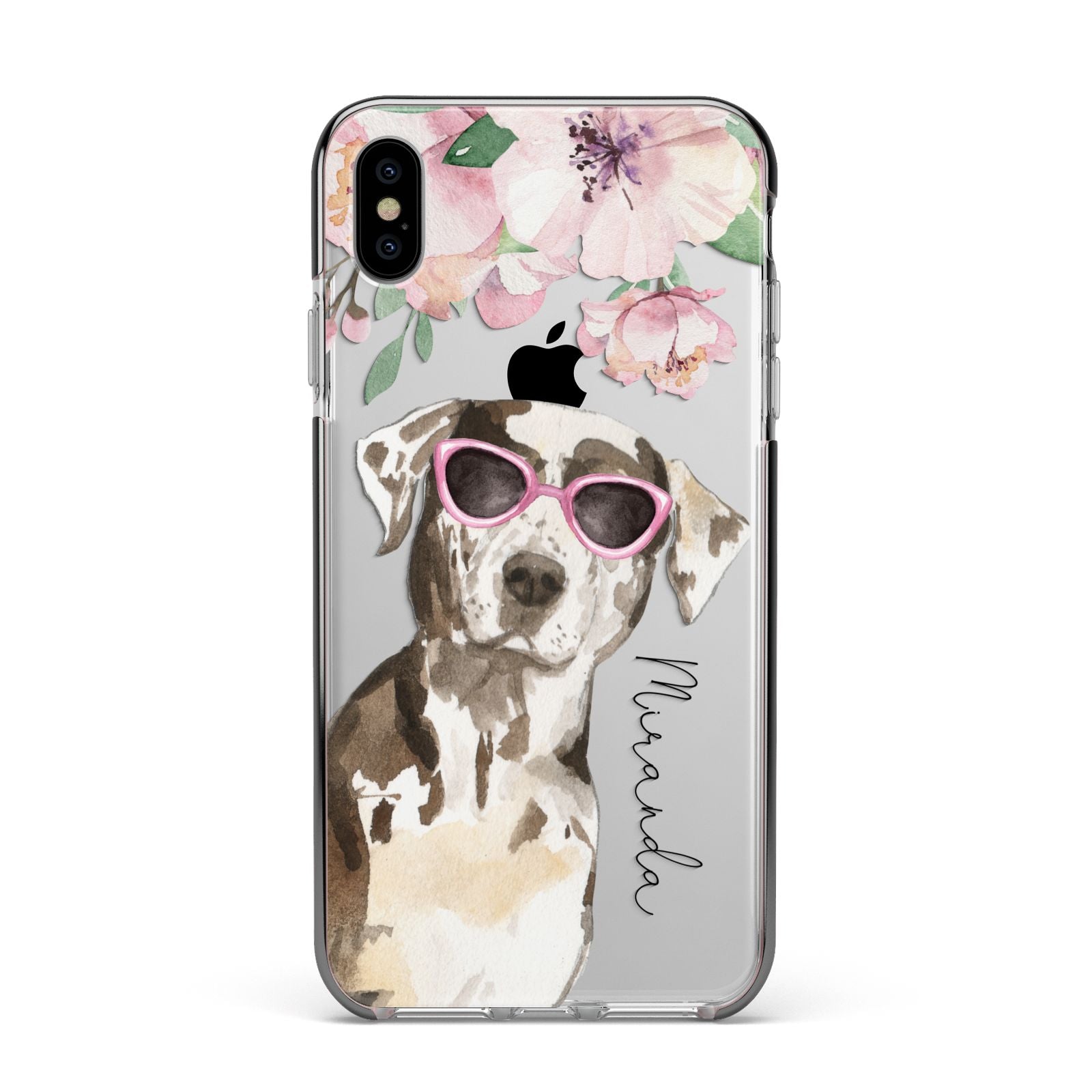 Personalised Catahoula Leopard Dog Apple iPhone Xs Max Impact Case Black Edge on Silver Phone