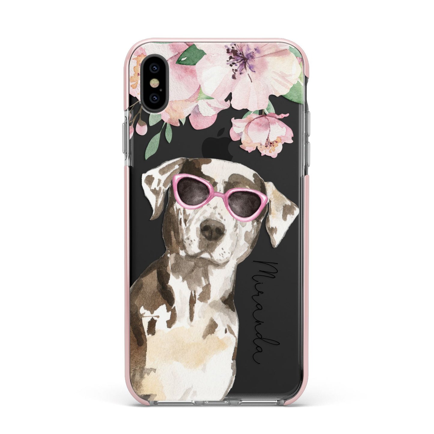Personalised Catahoula Leopard Dog Apple iPhone Xs Max Impact Case Pink Edge on Black Phone