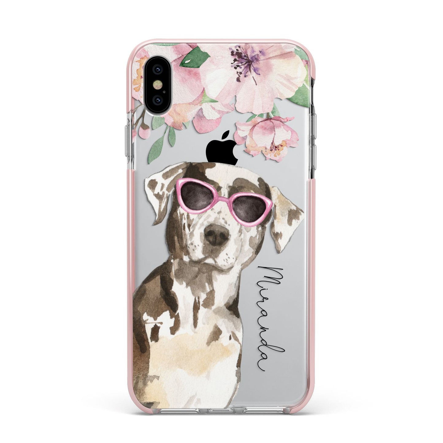 Personalised Catahoula Leopard Dog Apple iPhone Xs Max Impact Case Pink Edge on Silver Phone