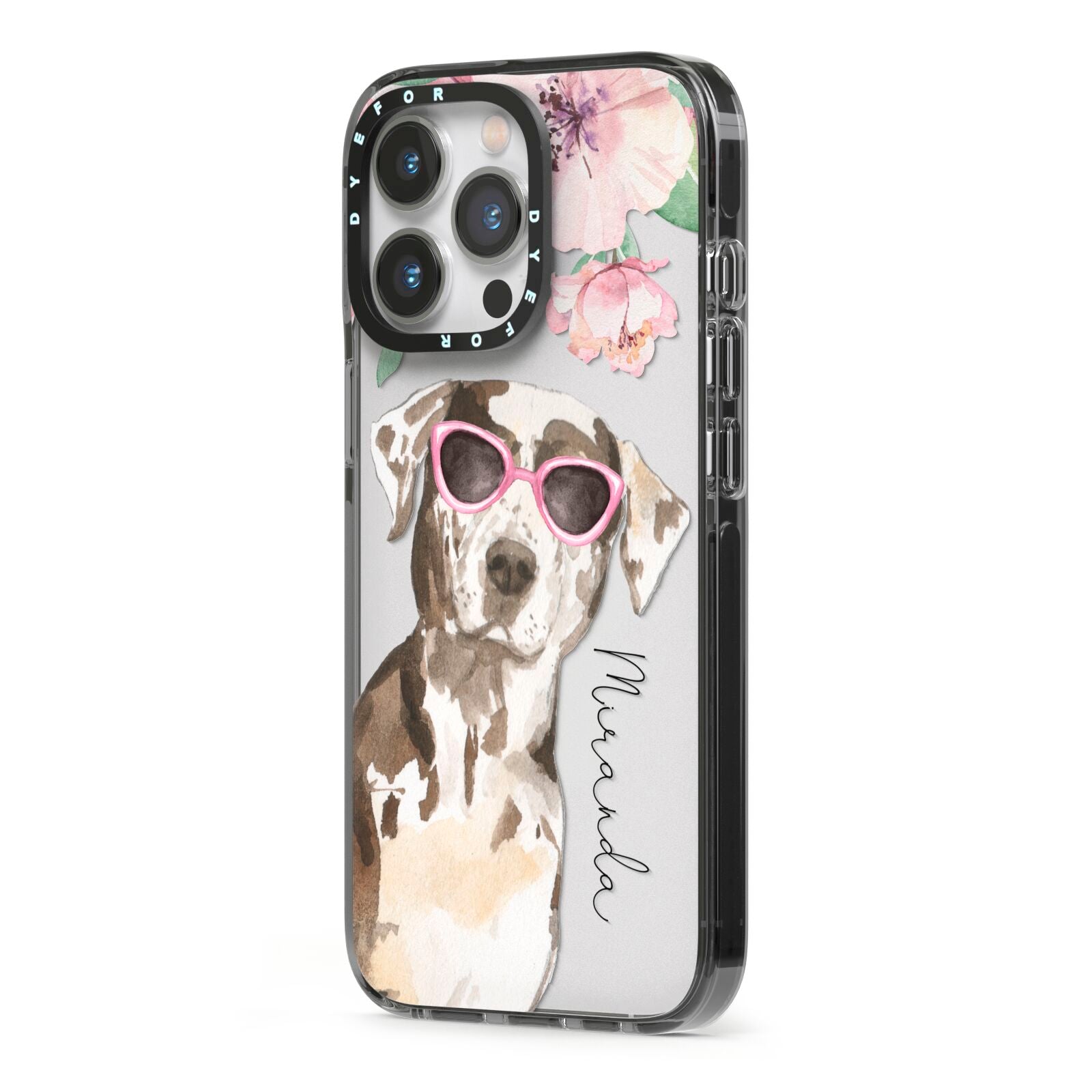 Personalised Catahoula Leopard Dog iPhone 13 Pro Black Impact Case Side Angle on Silver phone