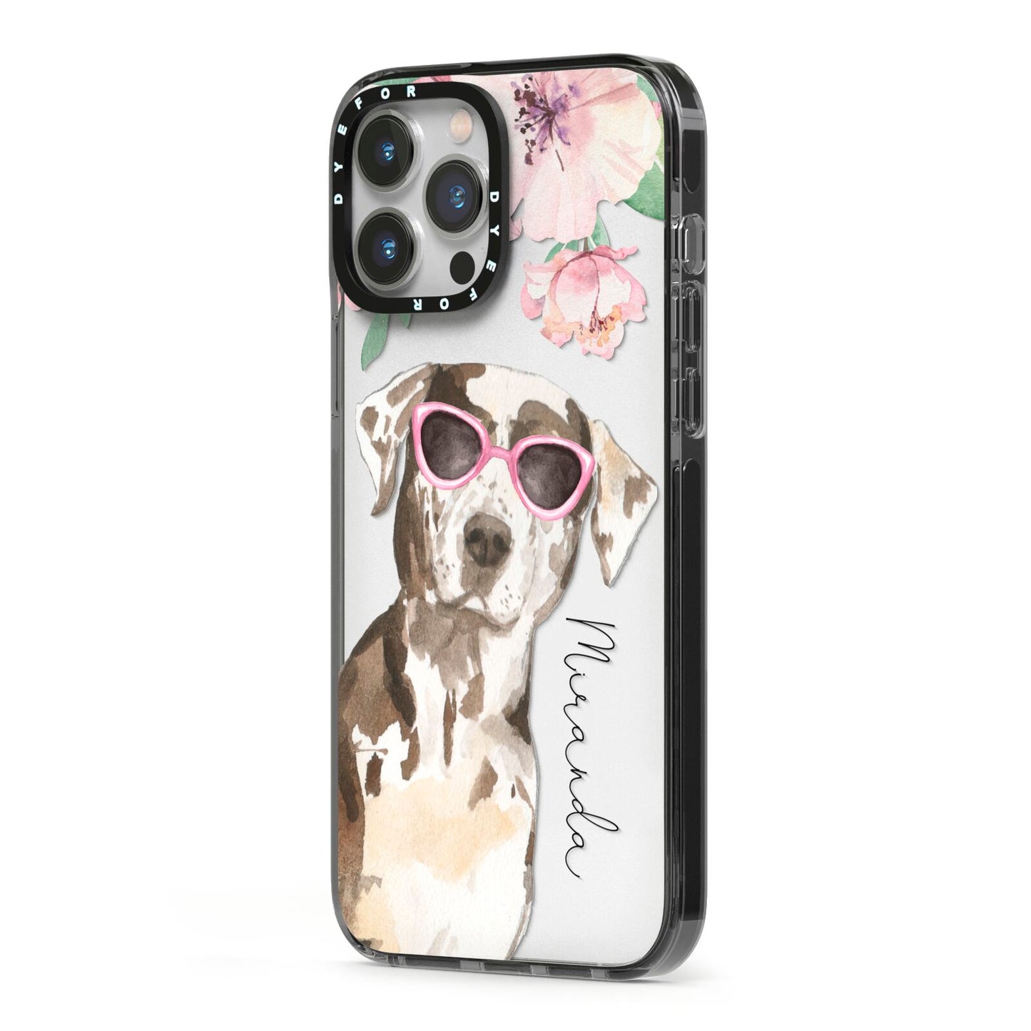 Personalised Catahoula Leopard Dog iPhone 13 Pro Max Black Impact Case Side Angle on Silver phone