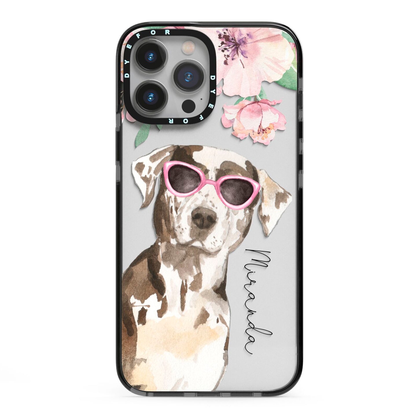 Personalised Catahoula Leopard Dog iPhone 13 Pro Max Black Impact Case on Silver phone