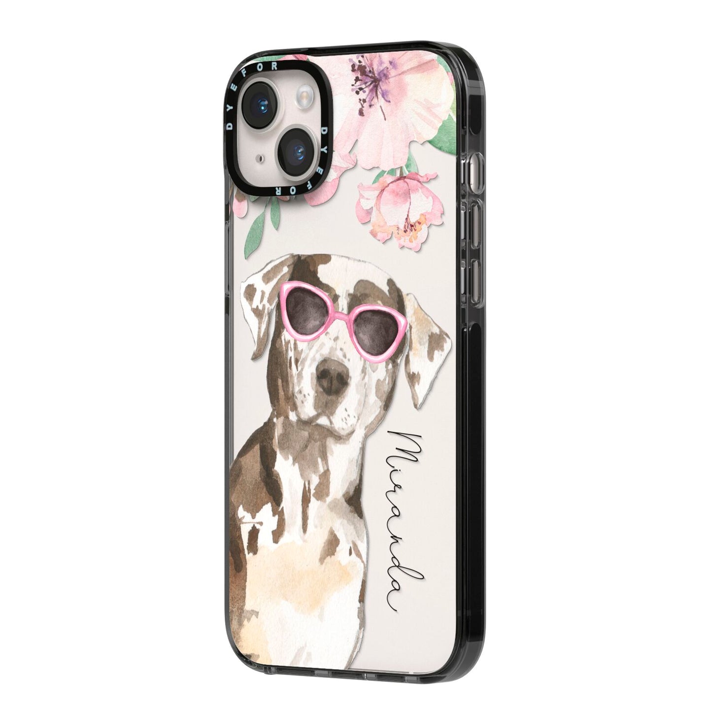 Personalised Catahoula Leopard Dog iPhone 14 Plus Black Impact Case Side Angle on Silver phone