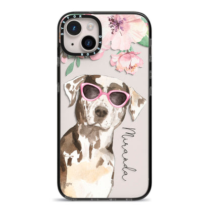 Personalised Catahoula Leopard Dog iPhone 14 Plus Black Impact Case on Silver phone