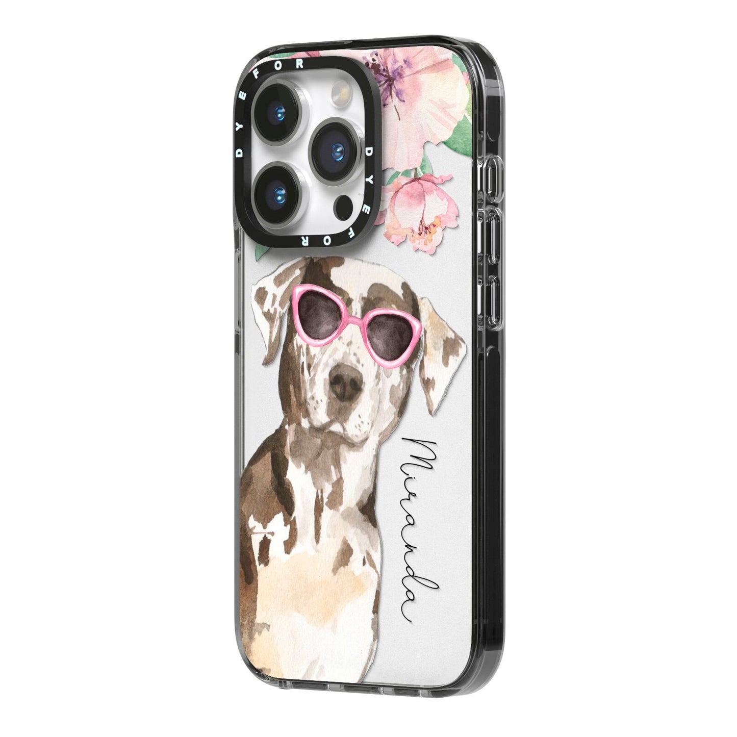 Personalised Catahoula Leopard Dog iPhone 14 Pro Black Impact Case Side Angle on Silver phone