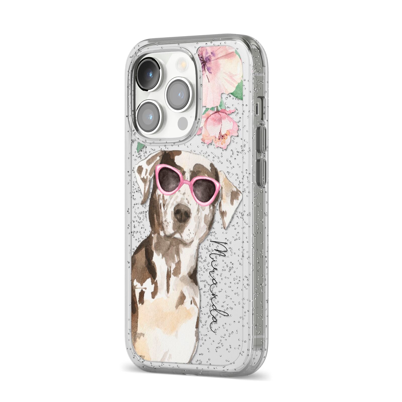 Personalised Catahoula Leopard Dog iPhone 14 Pro Glitter Tough Case Silver Angled Image