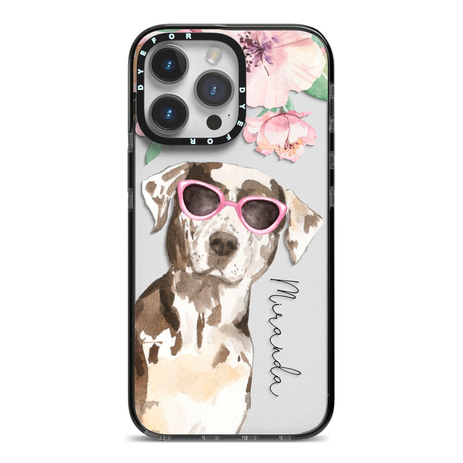 Personalised Catahoula Leopard Dog iPhone 14 Pro Max Black Impact Case on Silver phone