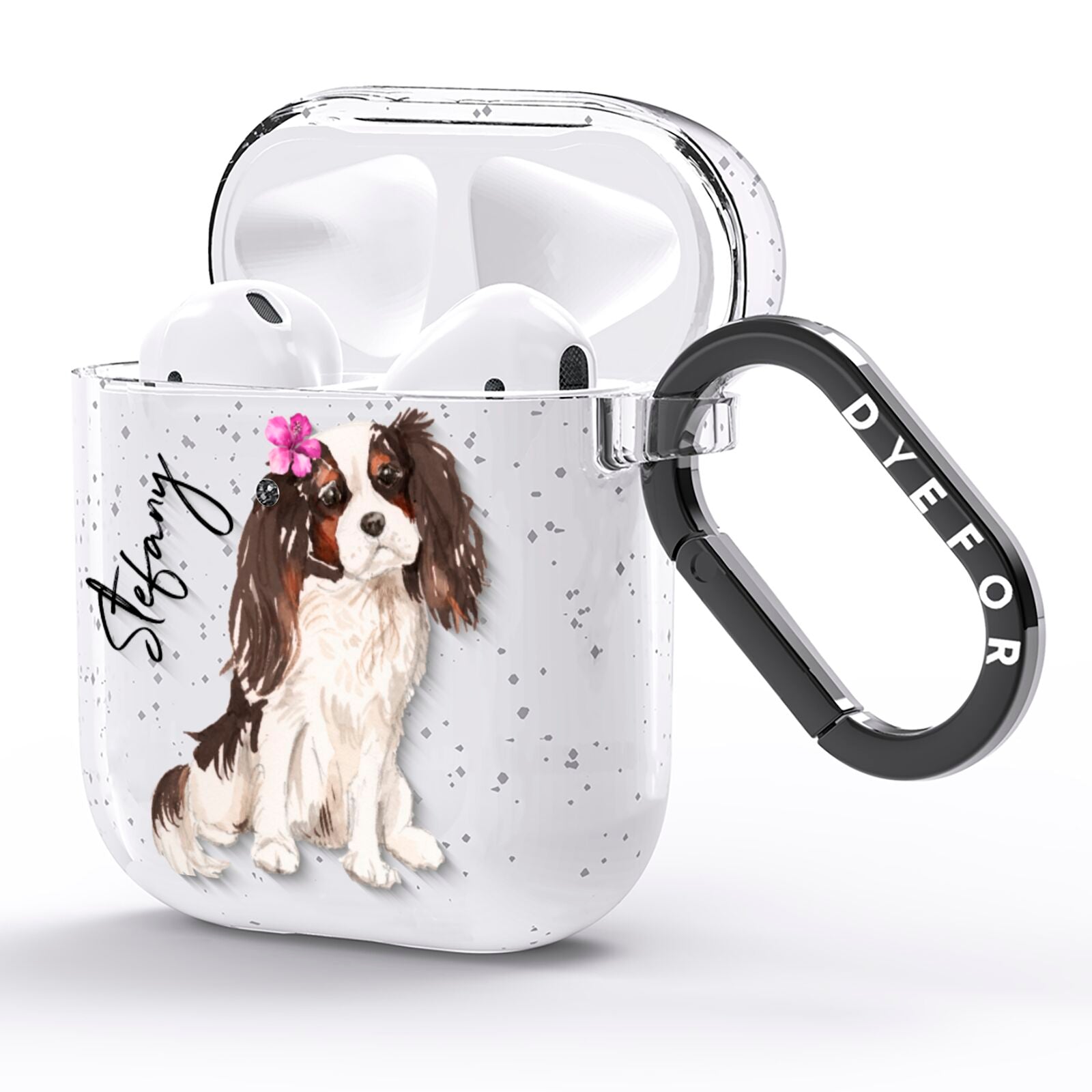Personalised Cavalier King Charles Spaniel AirPods Glitter Case Side Image