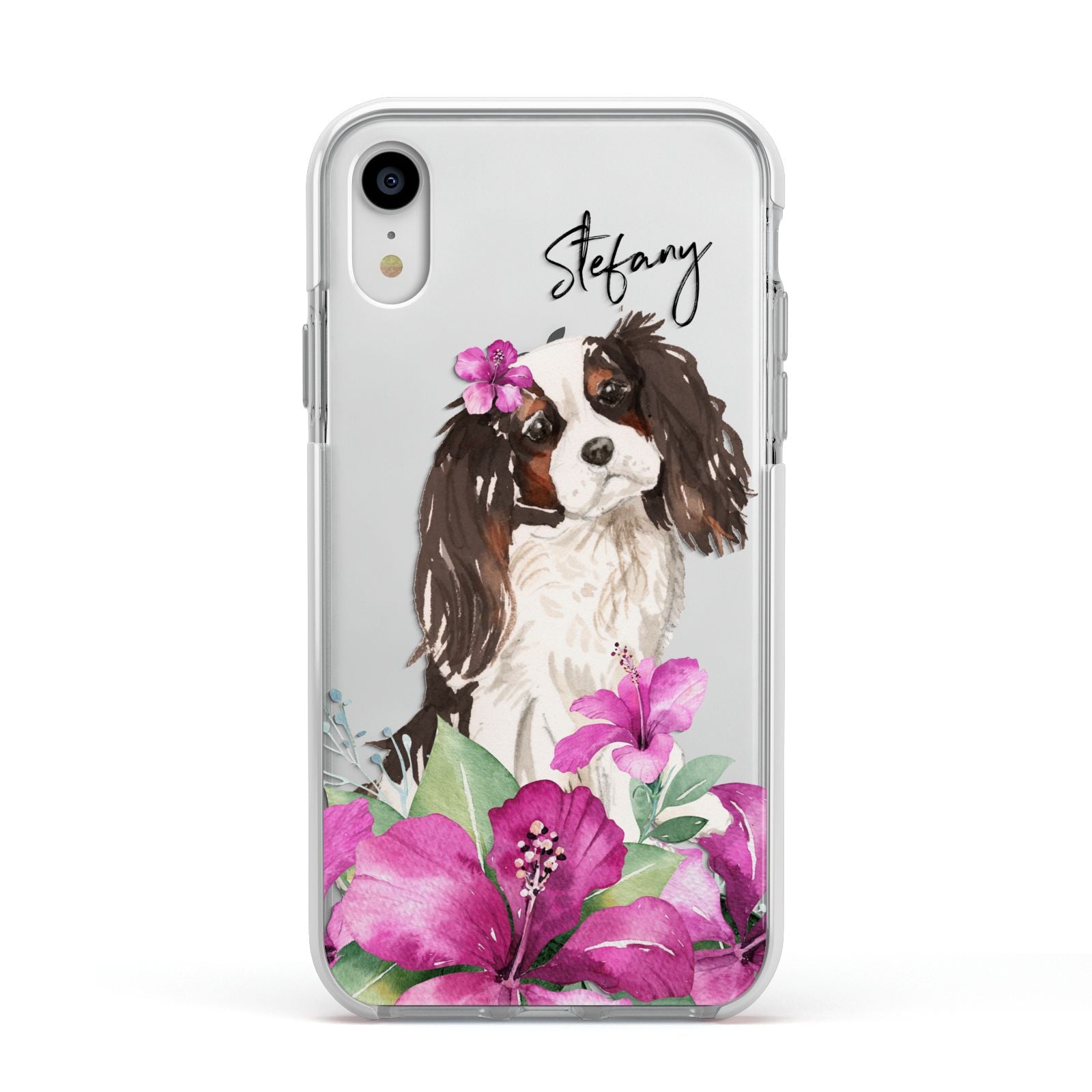 Personalised Cavalier King Charles Spaniel Apple iPhone XR Impact Case White Edge on Silver Phone