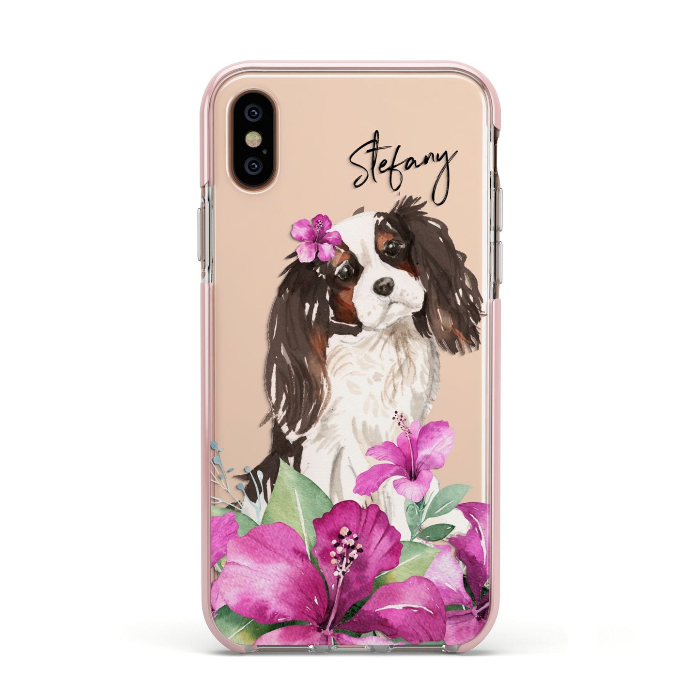 Personalised Cavalier King Charles Spaniel Apple iPhone Xs Impact Case Pink Edge on Gold Phone