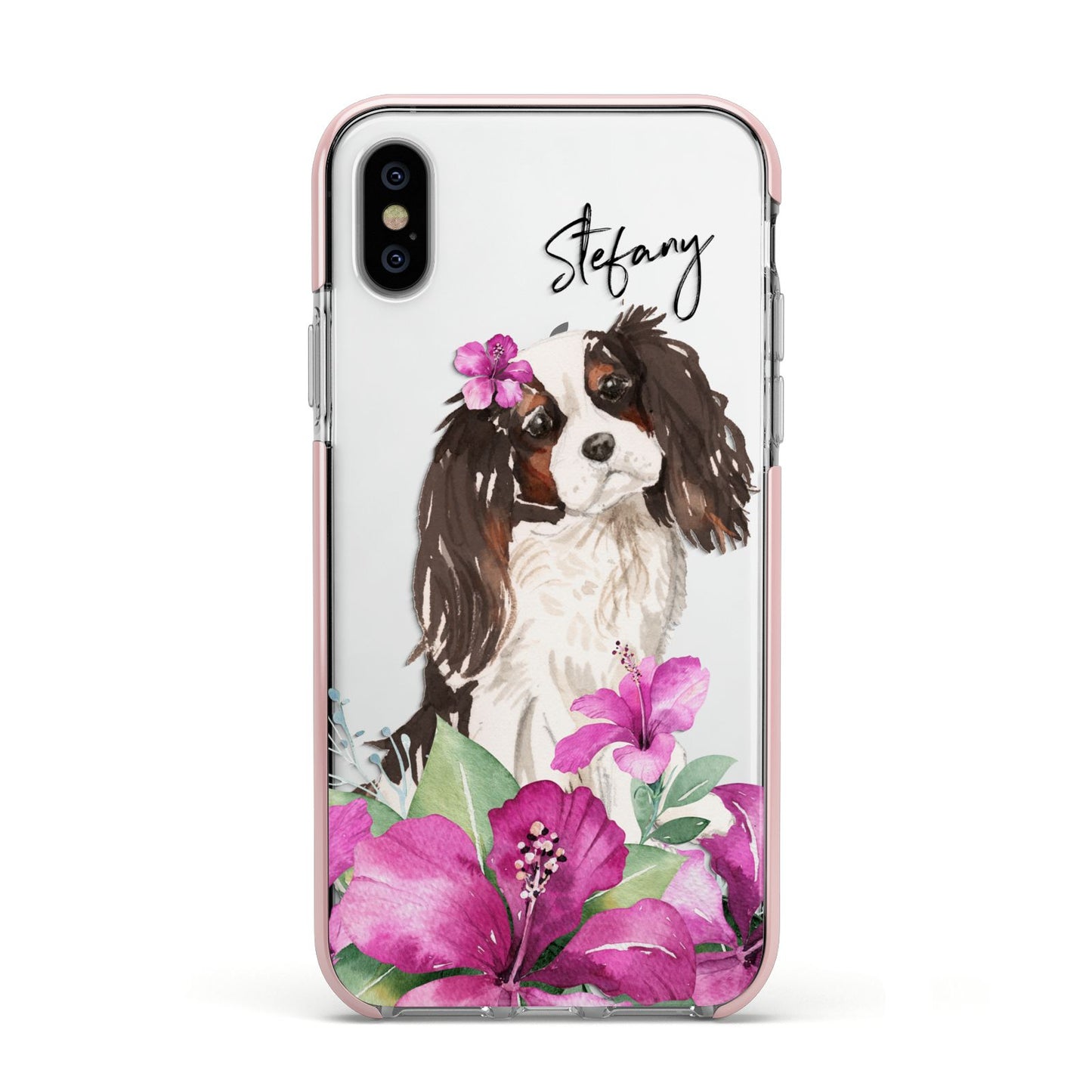Personalised Cavalier King Charles Spaniel Apple iPhone Xs Impact Case Pink Edge on Silver Phone