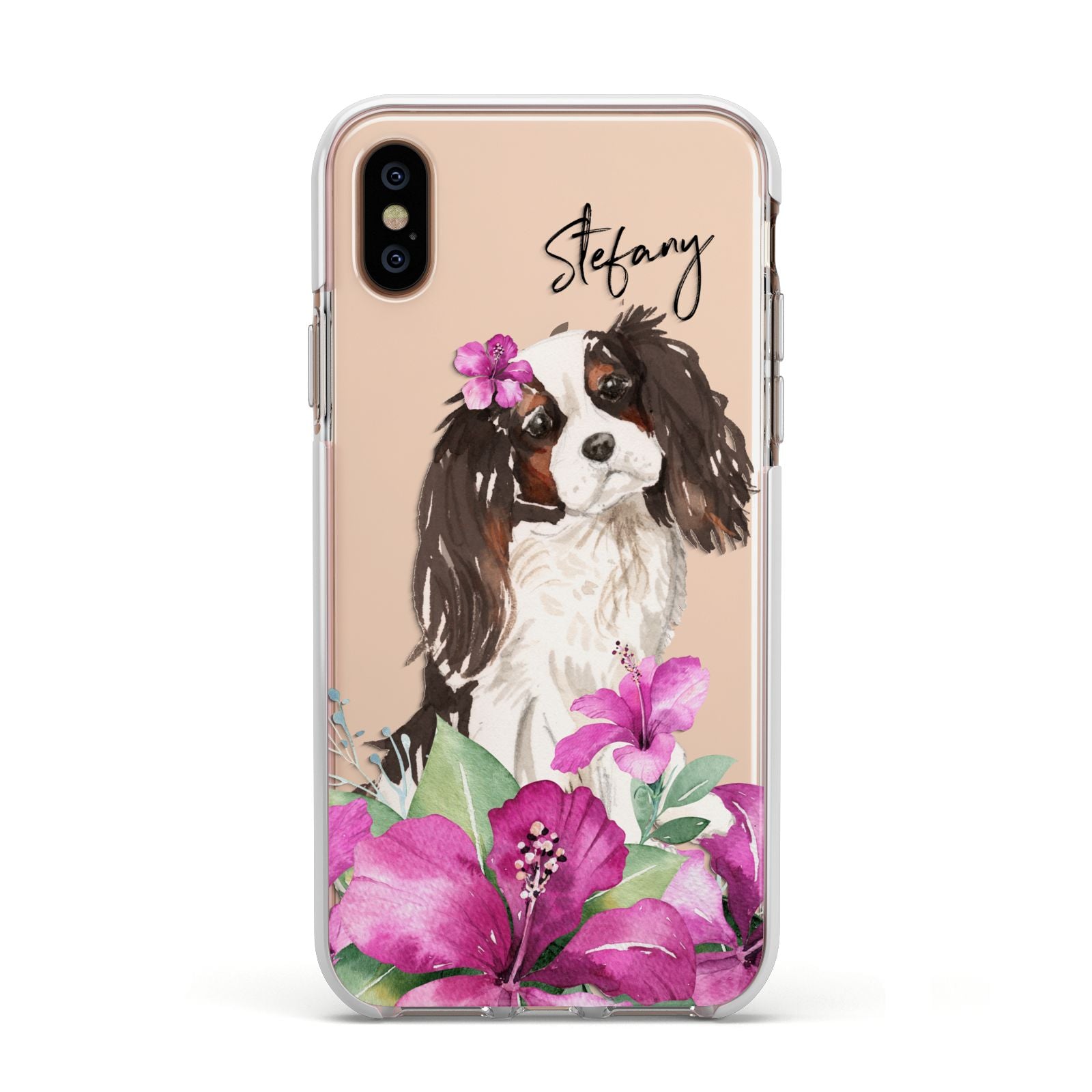 Personalised Cavalier King Charles Spaniel Apple iPhone Xs Impact Case White Edge on Gold Phone