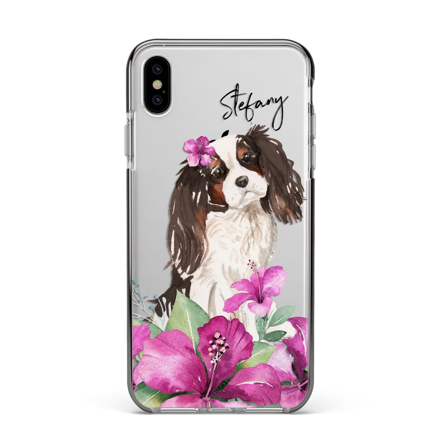 Personalised Cavalier King Charles Spaniel Apple iPhone Xs Max Impact Case Black Edge on Silver Phone