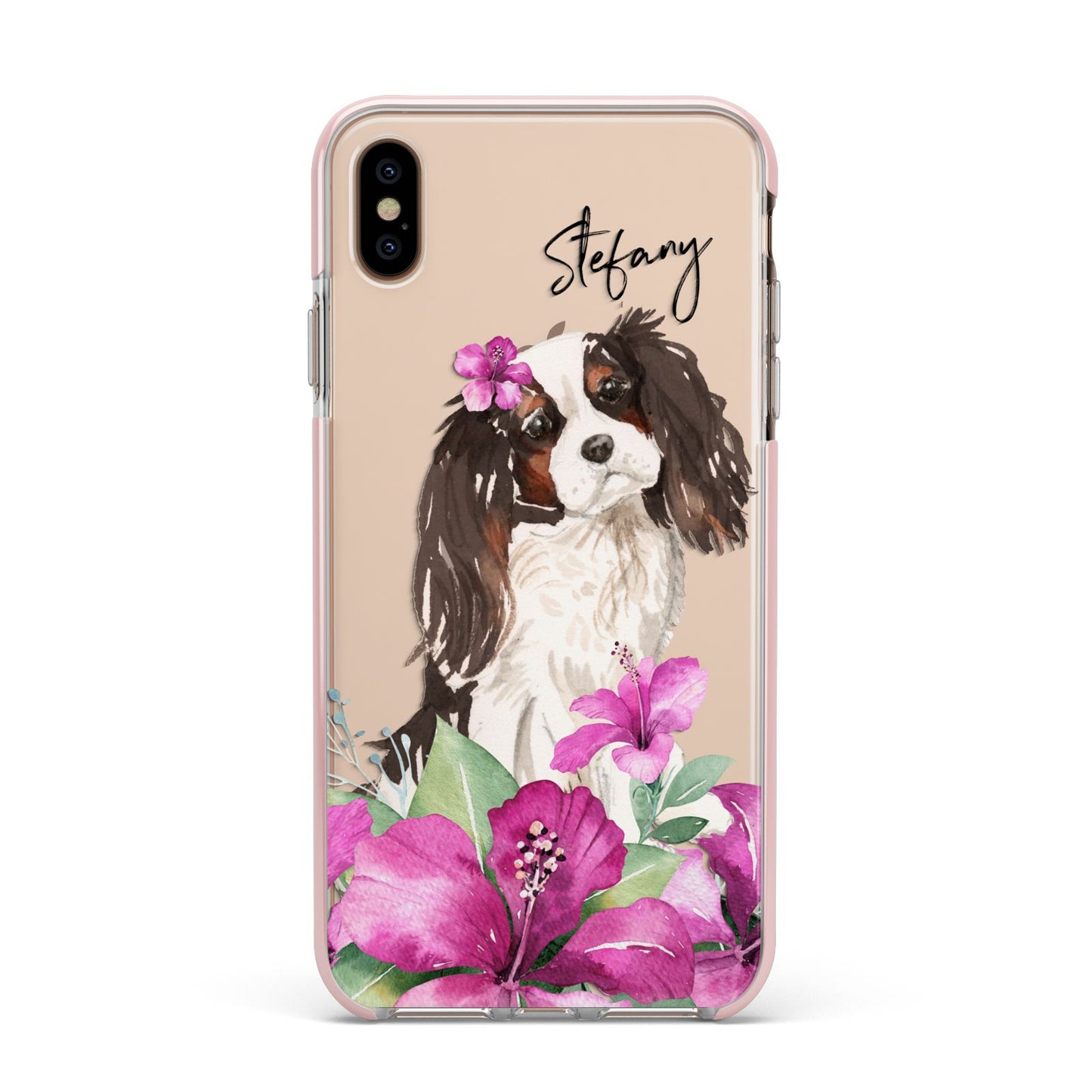 Personalised Cavalier King Charles Spaniel Apple iPhone Xs Max Impact Case Pink Edge on Gold Phone