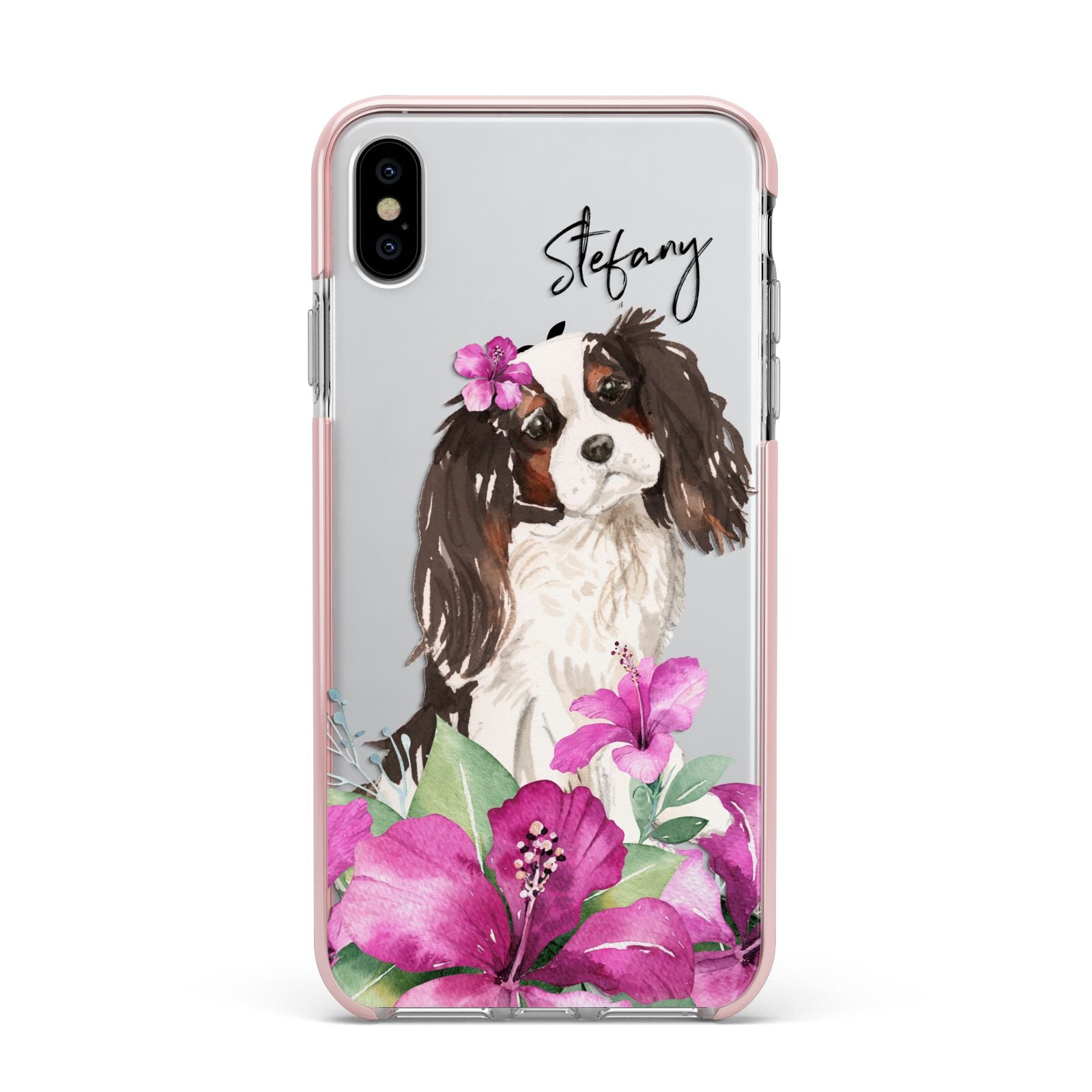Personalised Cavalier King Charles Spaniel Apple iPhone Xs Max Impact Case Pink Edge on Silver Phone