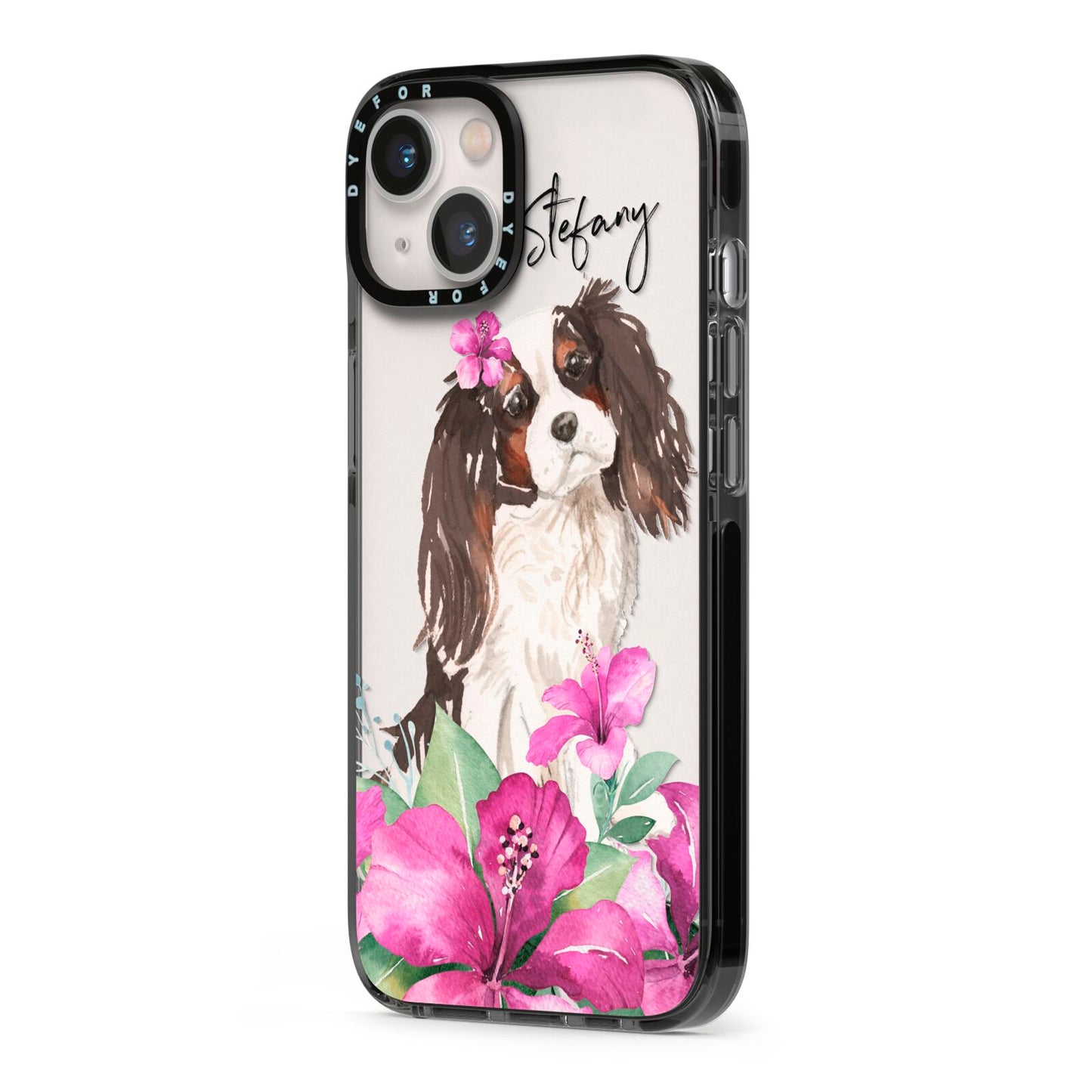 Personalised Cavalier King Charles Spaniel iPhone 13 Black Impact Case Side Angle on Silver phone