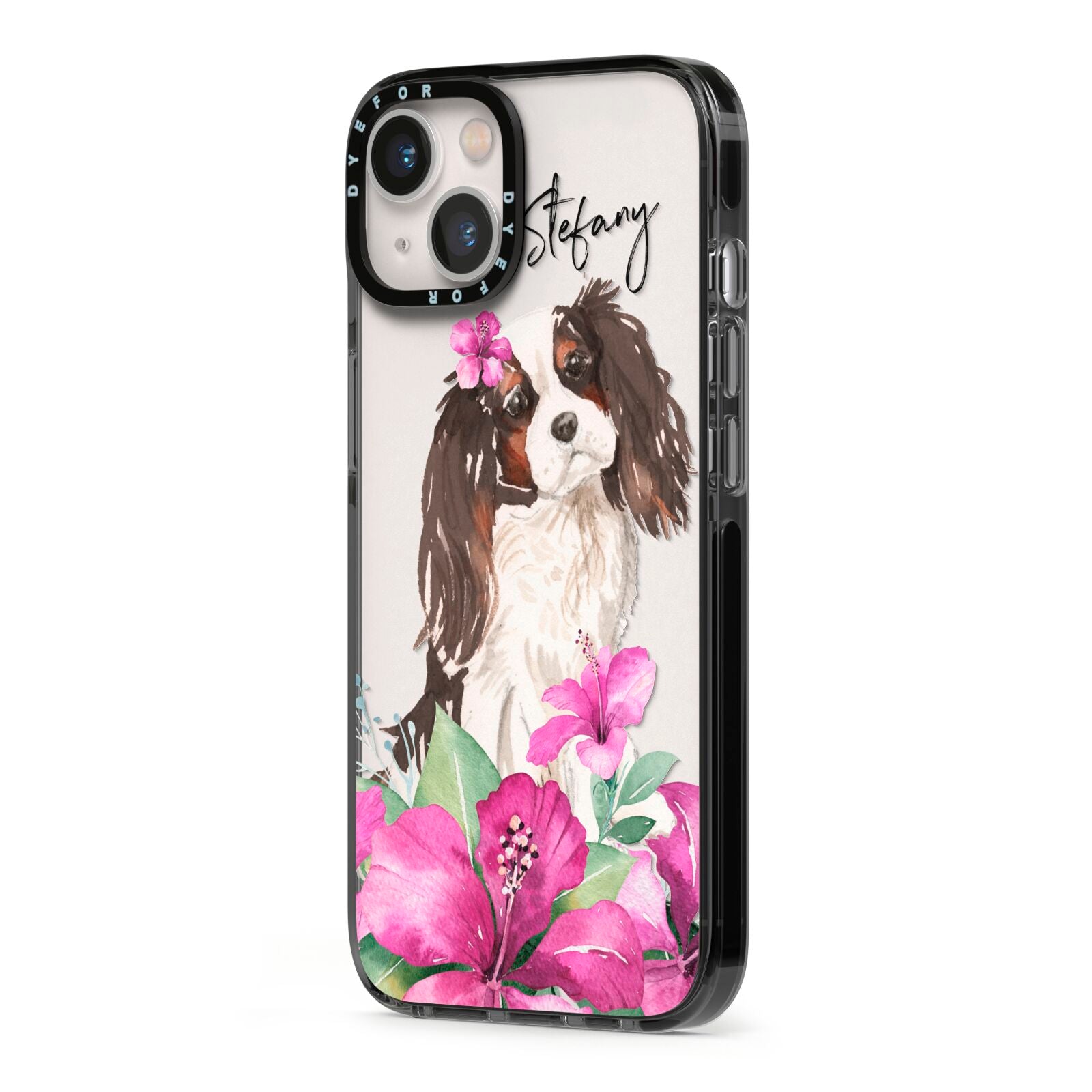 Personalised Cavalier King Charles Spaniel iPhone 13 Black Impact Case Side Angle on Silver phone