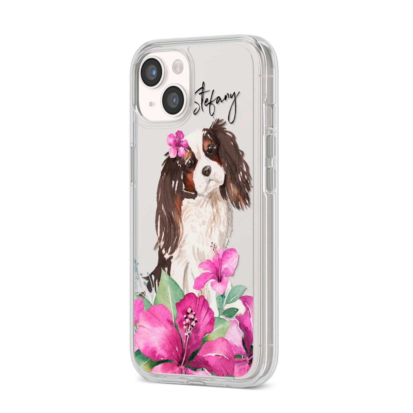 Personalised Cavalier King Charles Spaniel iPhone 14 Clear Tough Case Starlight Angled Image