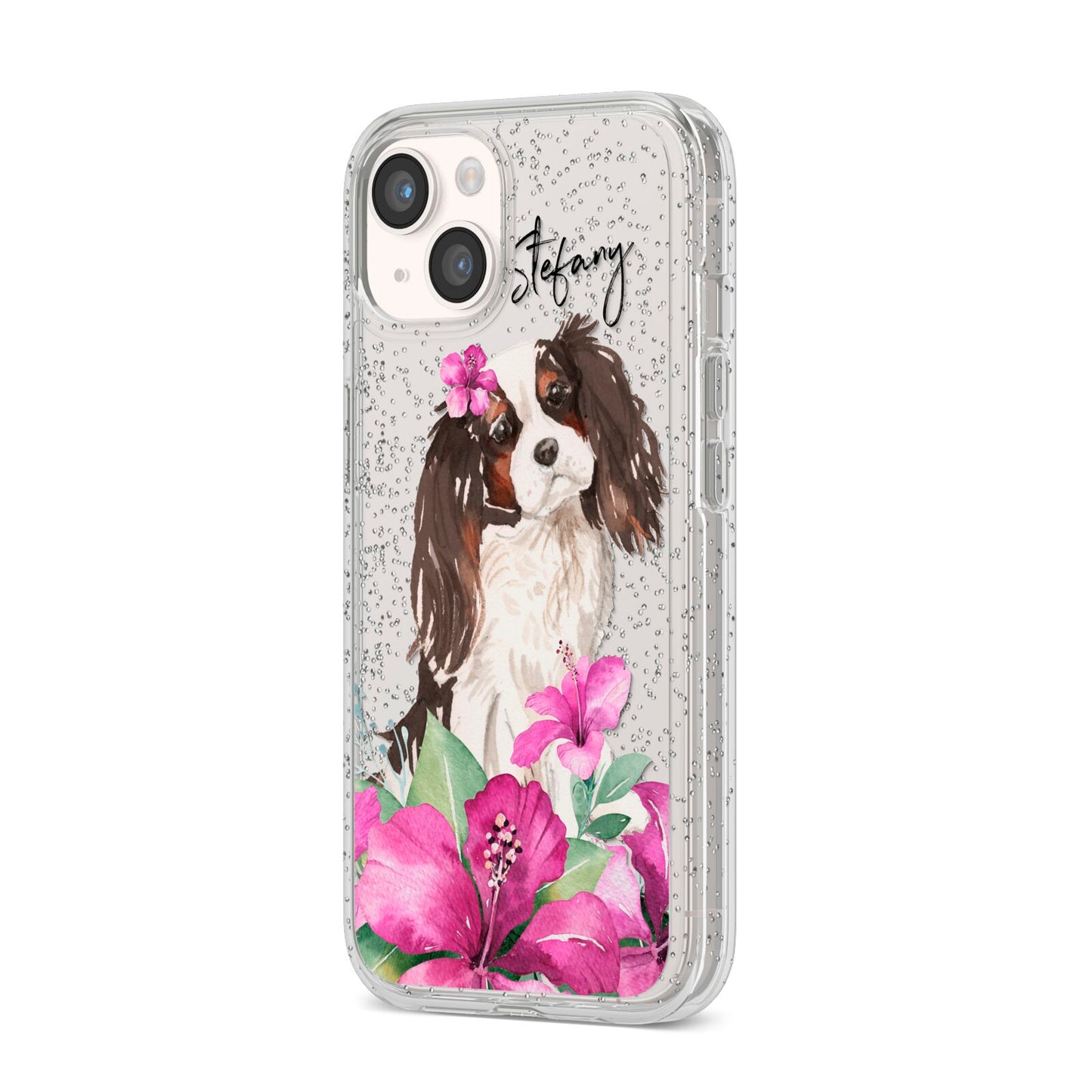 Personalised Cavalier King Charles Spaniel iPhone 14 Glitter Tough Case Starlight Angled Image