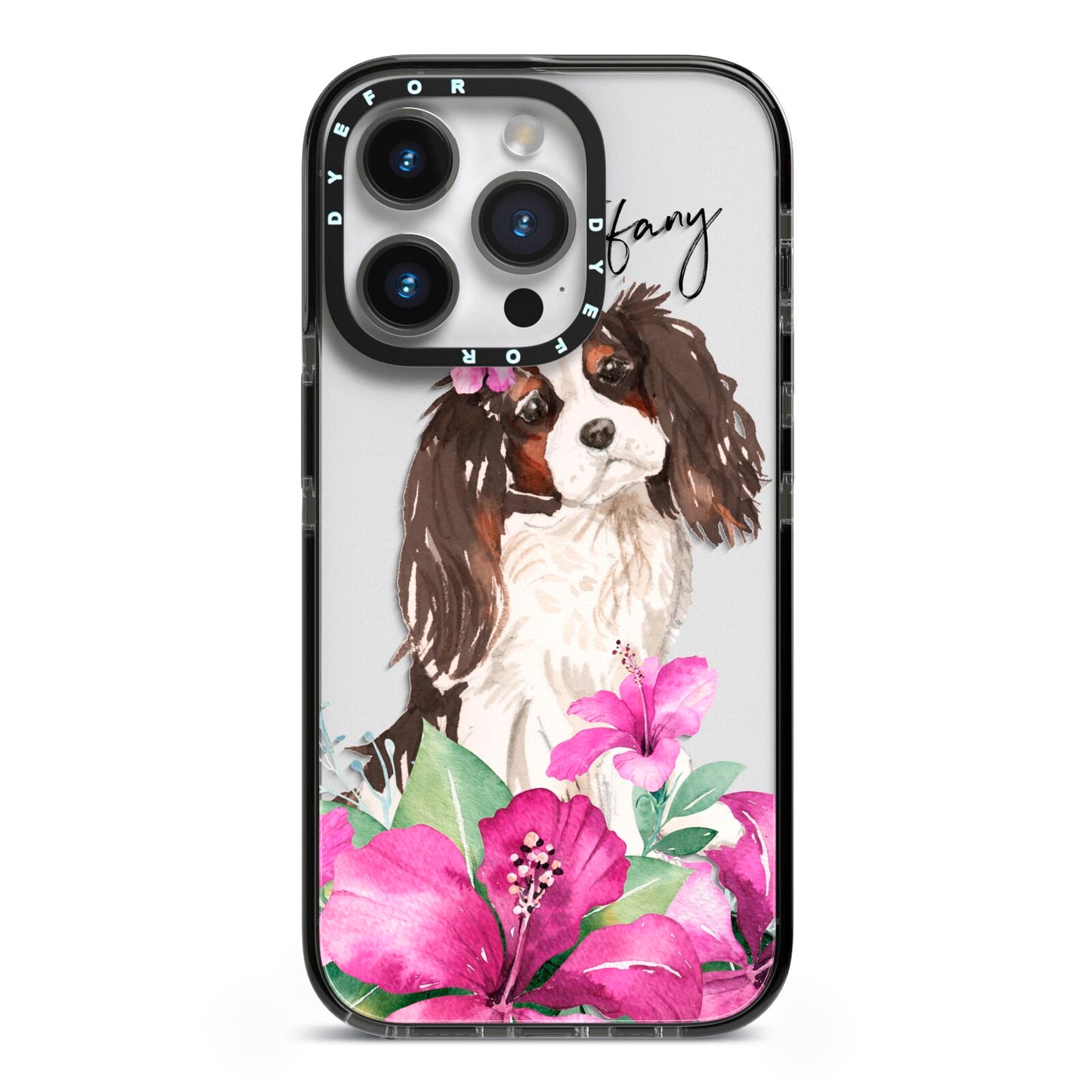 Personalised Cavalier King Charles Spaniel iPhone 14 Pro Black Impact Case on Silver phone