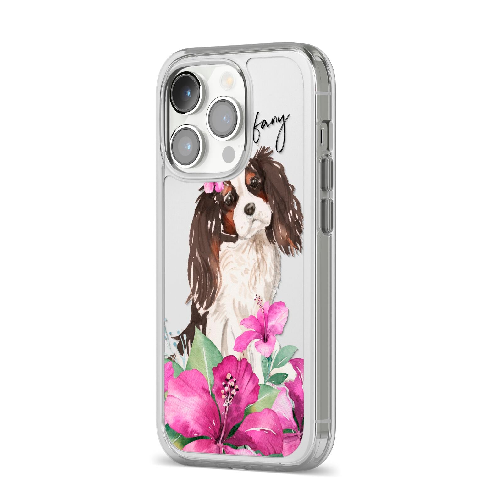 Personalised Cavalier King Charles Spaniel iPhone 14 Pro Clear Tough Case Silver Angled Image